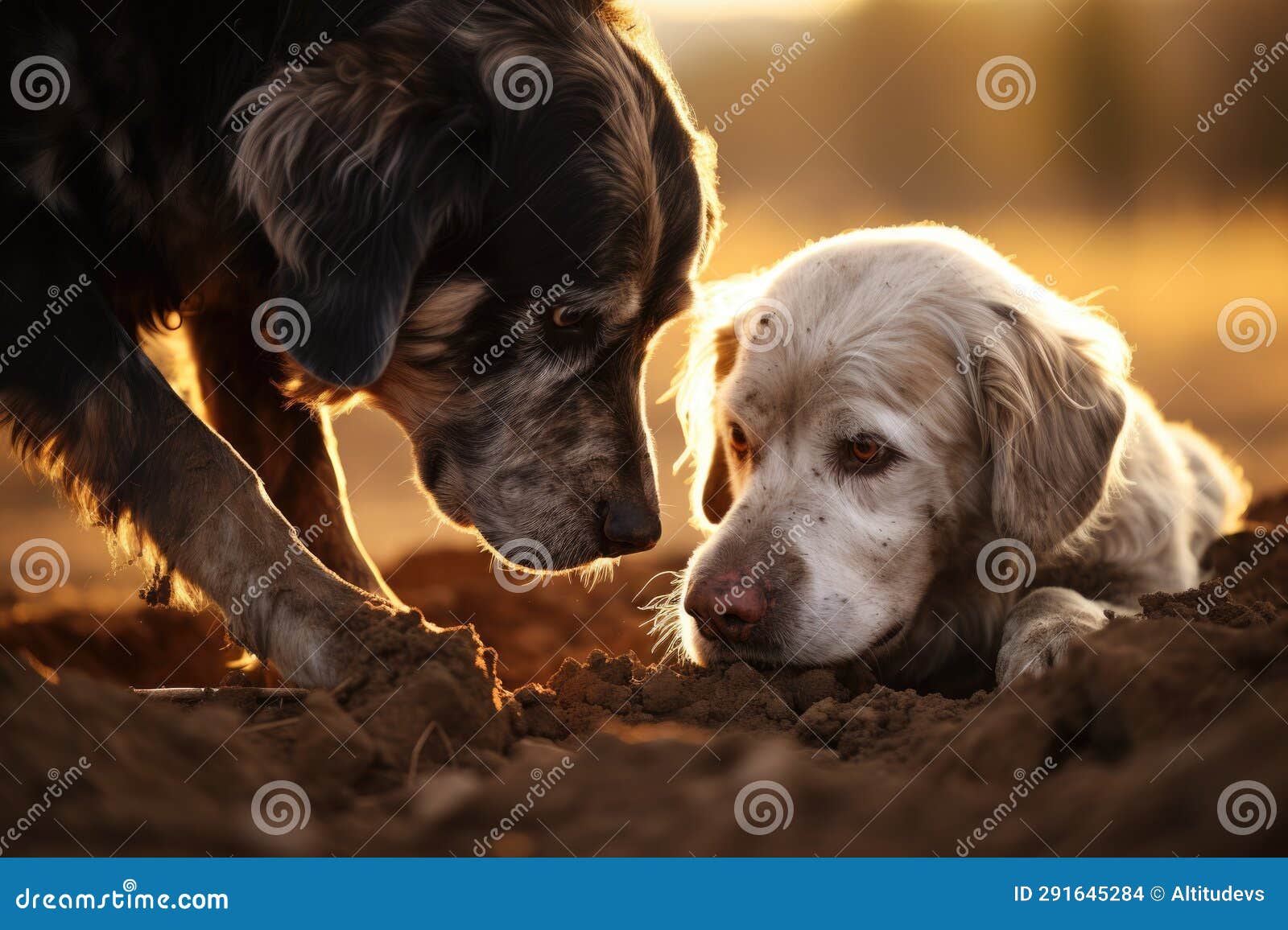 An Older Dog Teaching a Younger One How To Dig Stock Photo Image of