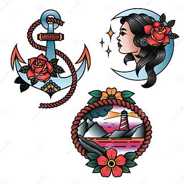 Oldschool Traditional Tattoo Vector Set. Girk, Anchor and Lighthouse ...