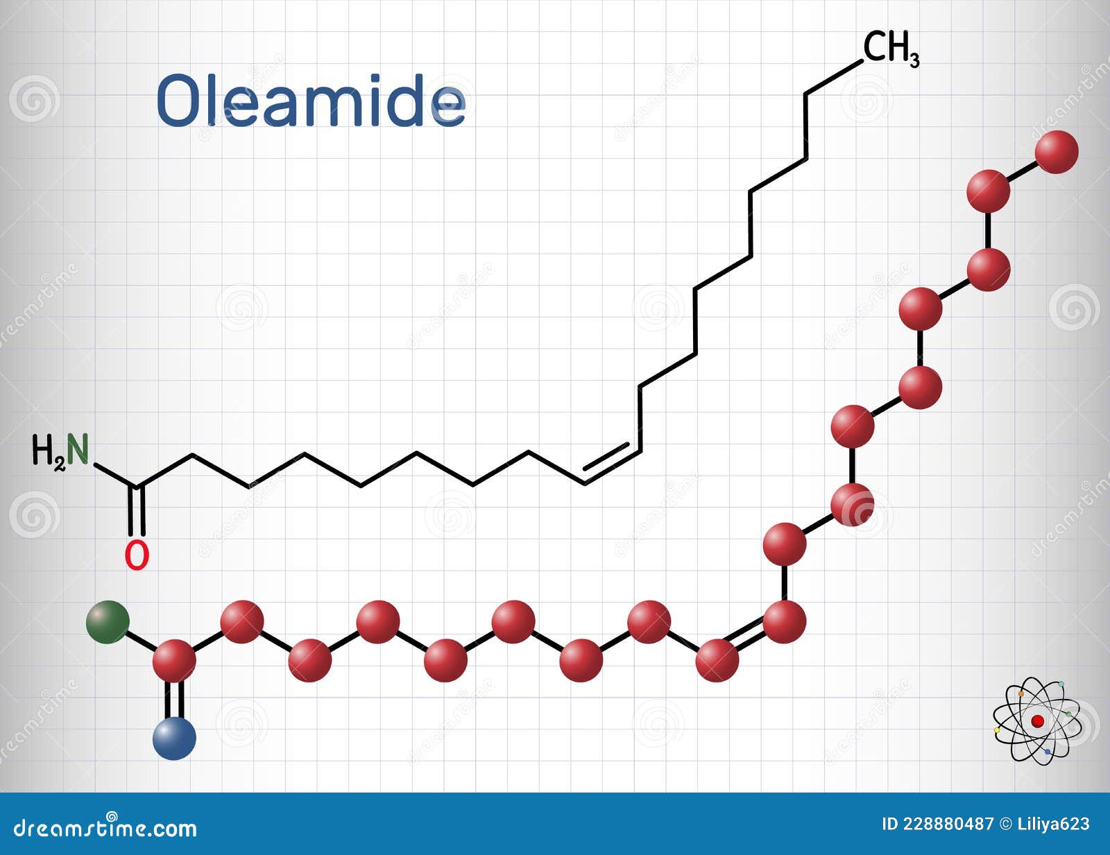 oleamide molecule. it is fatty amide derived from oleic acid. structural chemical formula and molecule model. sheet of paper in a