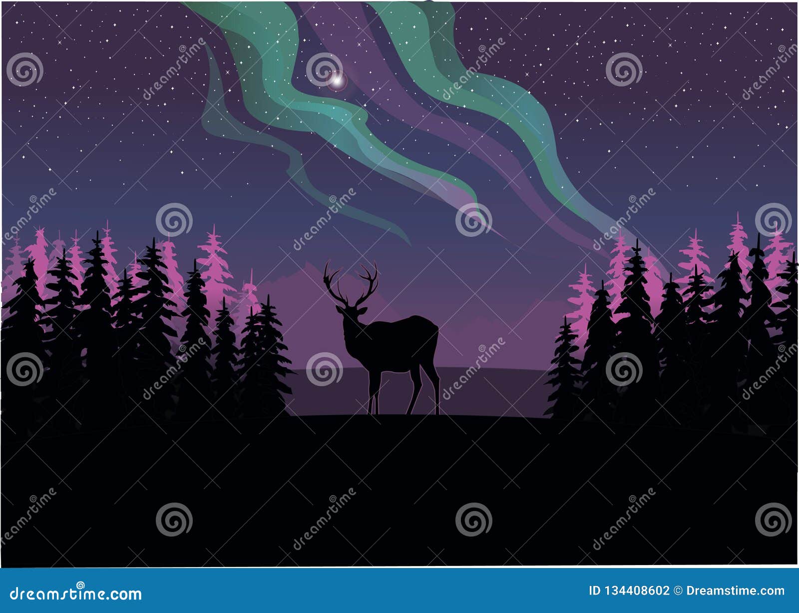 A Lone Deer Staring at the Northern Lights Stock Illustration