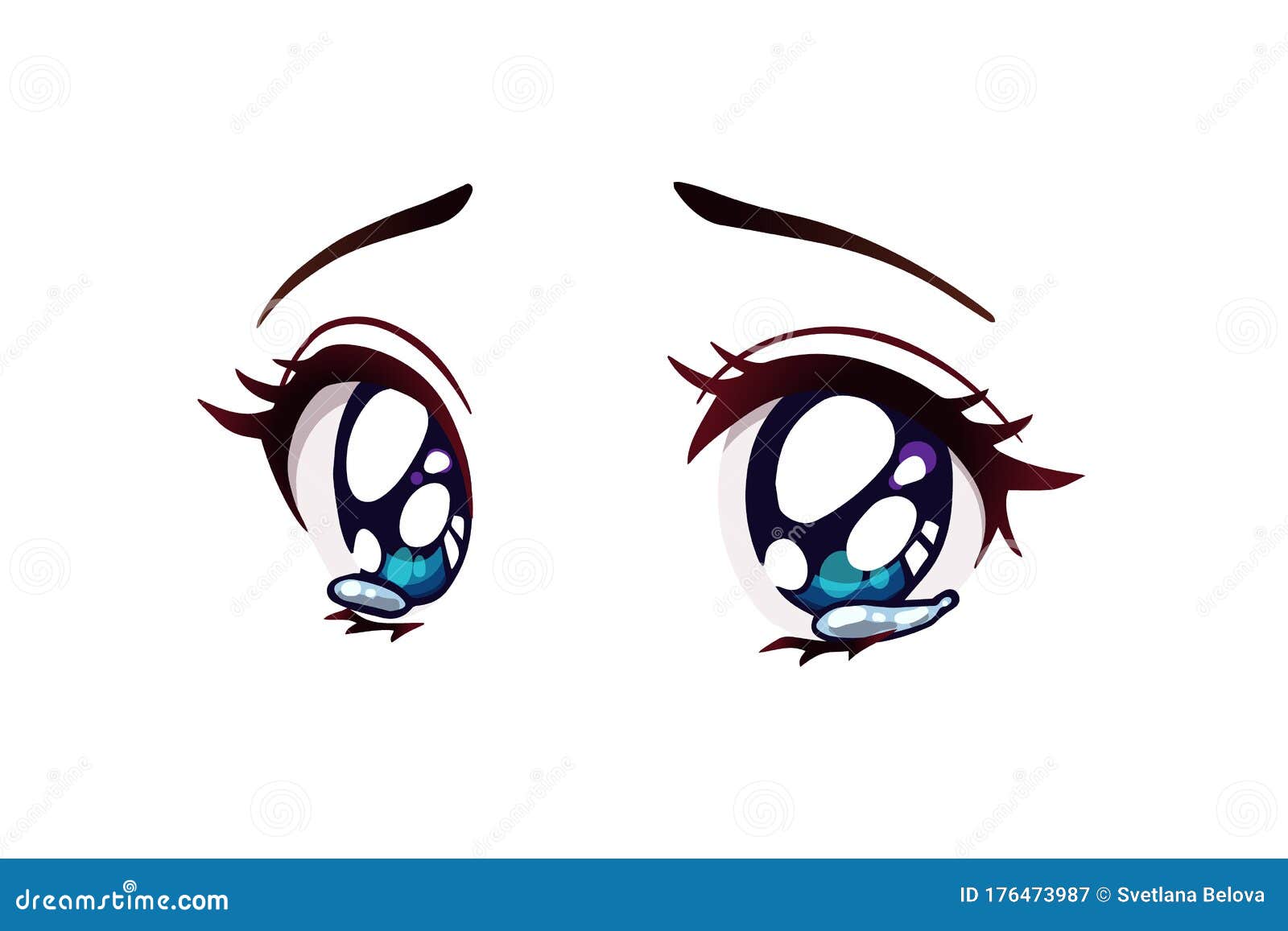 Rosto triste de anime. olhos grandes de estilo mangá, nariz pequeno e boca  kawaii.