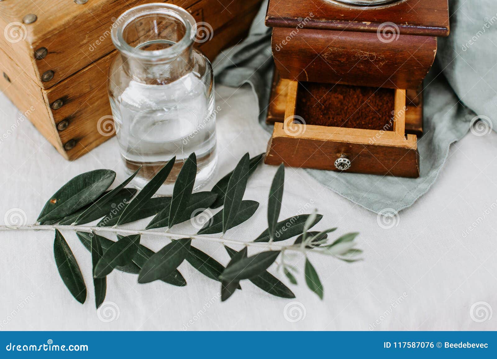 Olive Branch, Coffee on Rustic Stile Stock Photo Image of vertical