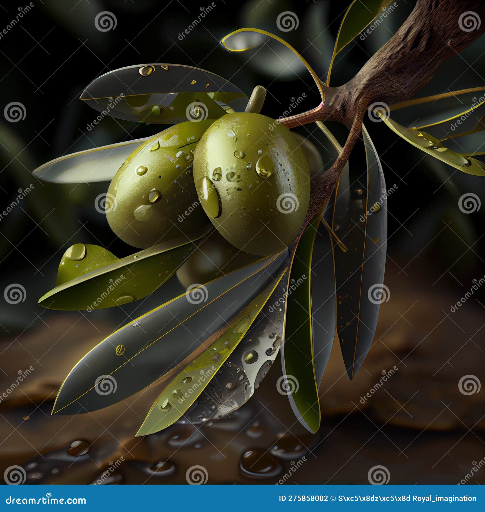 olive branch with green olives wet from the morning rocio - generated artificial intelligence - ai