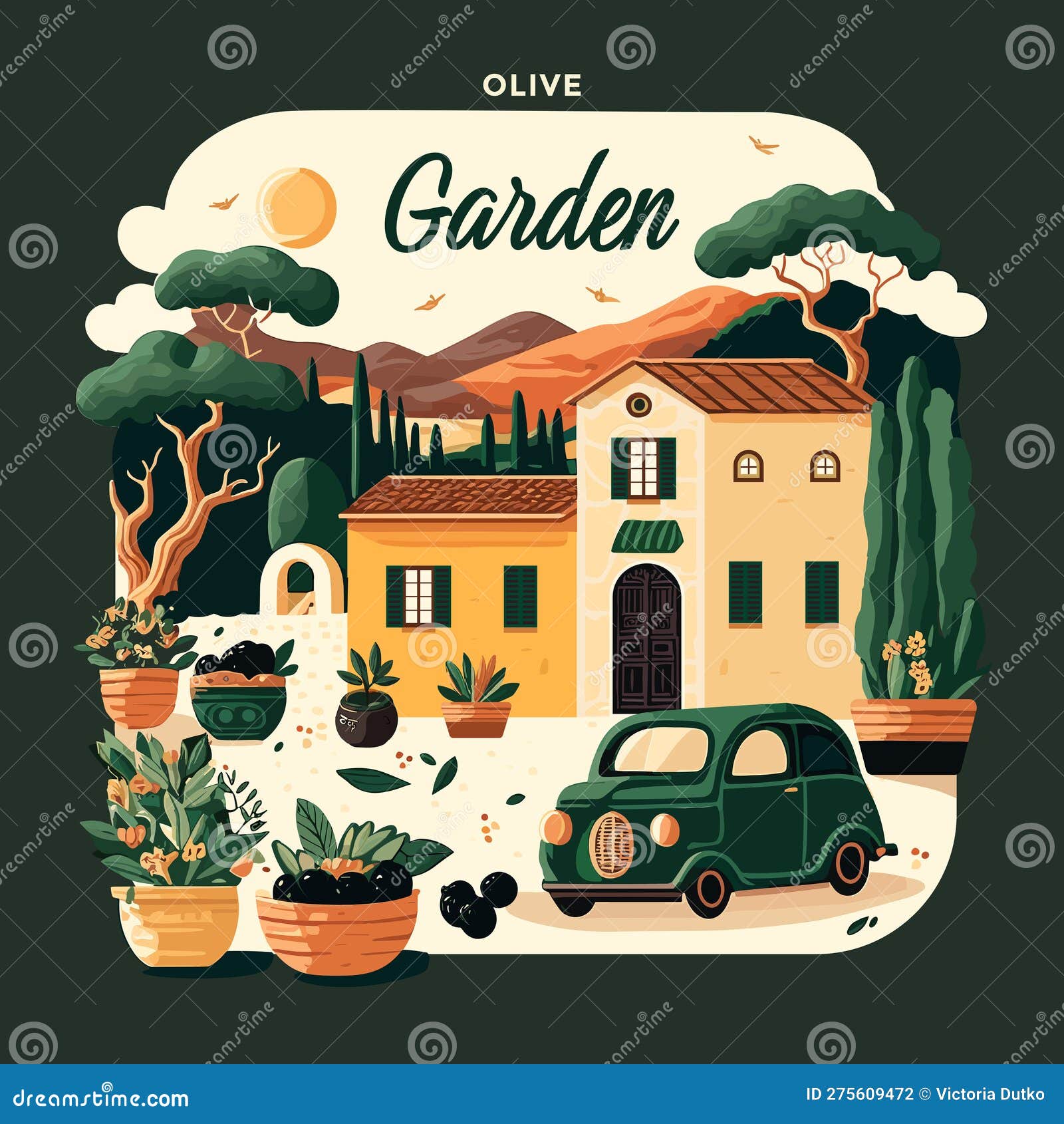 Olive Garden with House and Car. Vector Illustration. Stock Vector