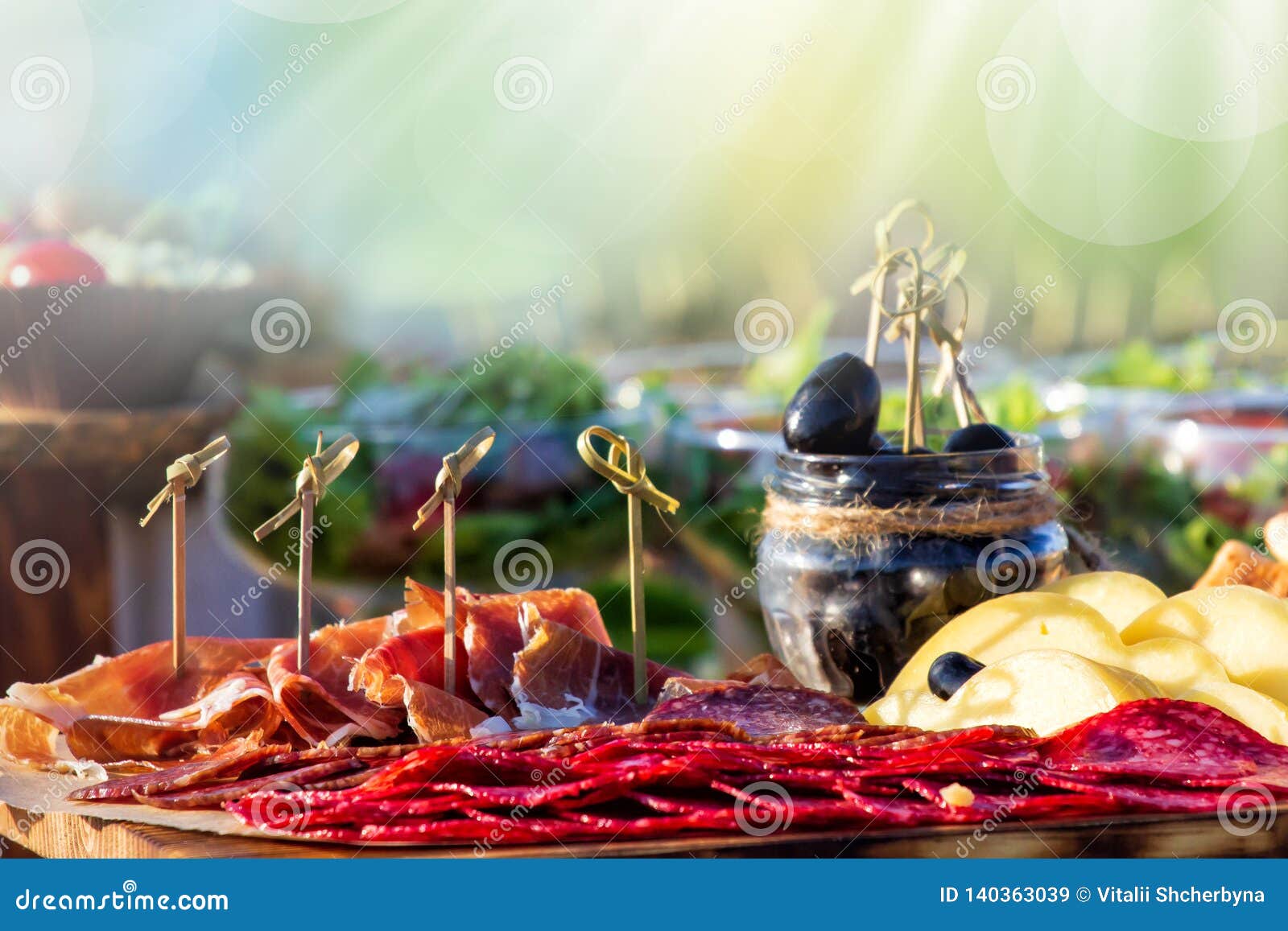 Olive in a Jar of Fillet with Cheese and Bacon. Catering Table Stock