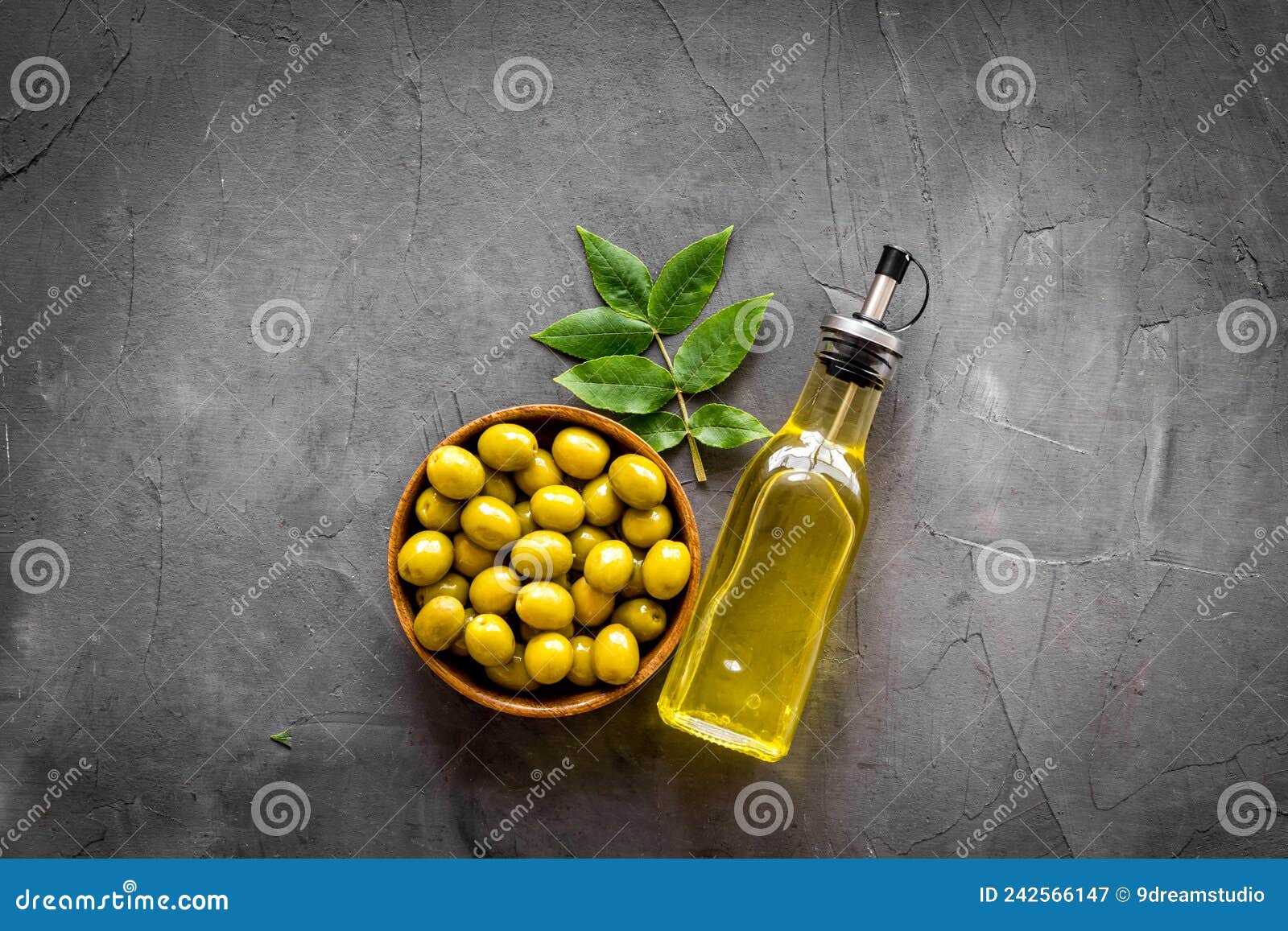 Olive Oil in Bottle with Ingredient Green Olives Stock Image Image