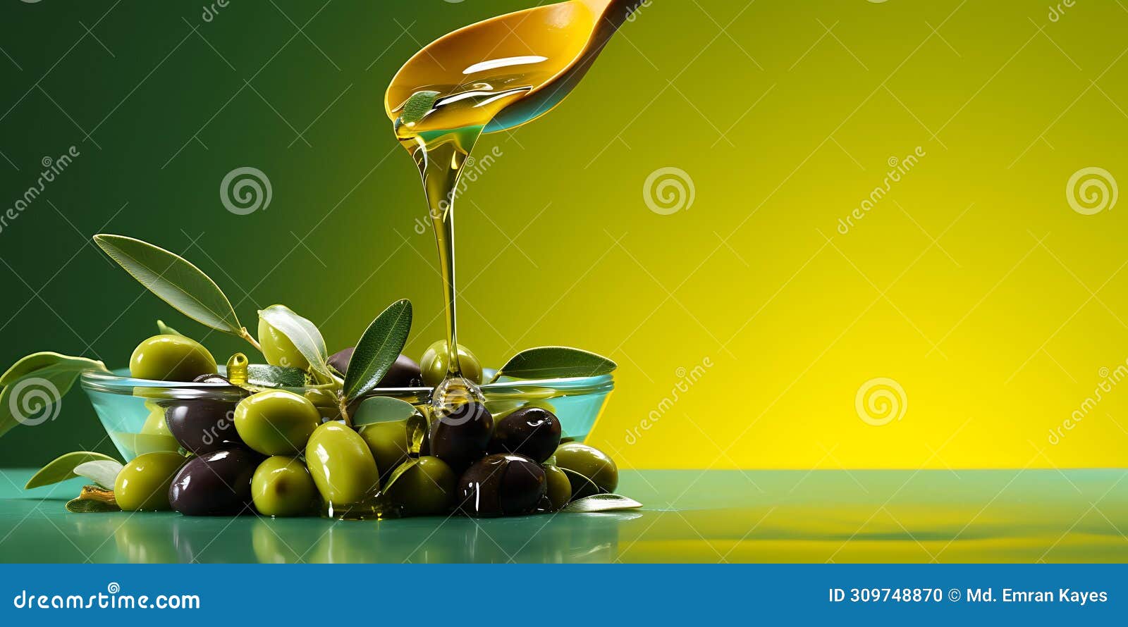 Olive Oil Falling from Spoon, Nutritional Elements and Olives Stock