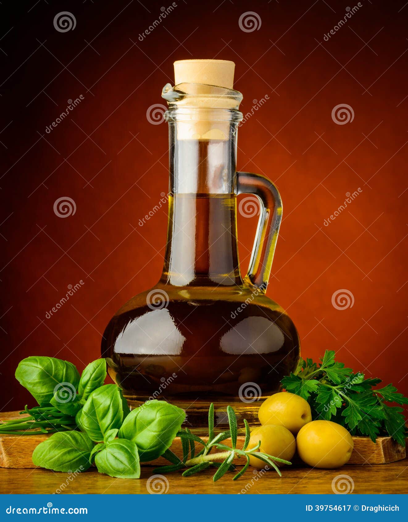 Olive oil and fresh herbs stock image. Image of still 39754617