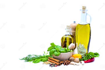 Olive Oil, Herbs and Spices Stock Photo - Image of kitchen, gourmet ...