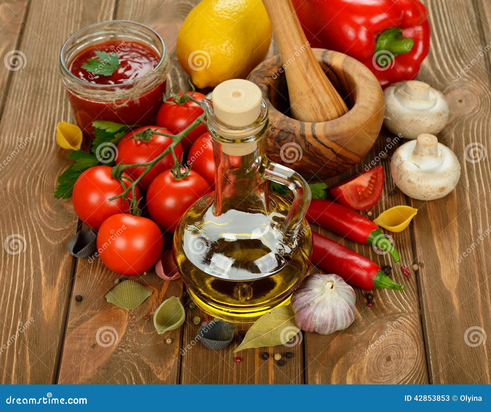 Olive Oil, Vegetables and Spices Stock Image - Image of bottle, garlic