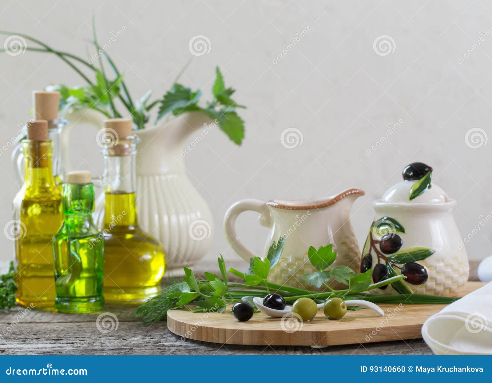 Olive oil on wooden table stock photo. Image of white 93140660