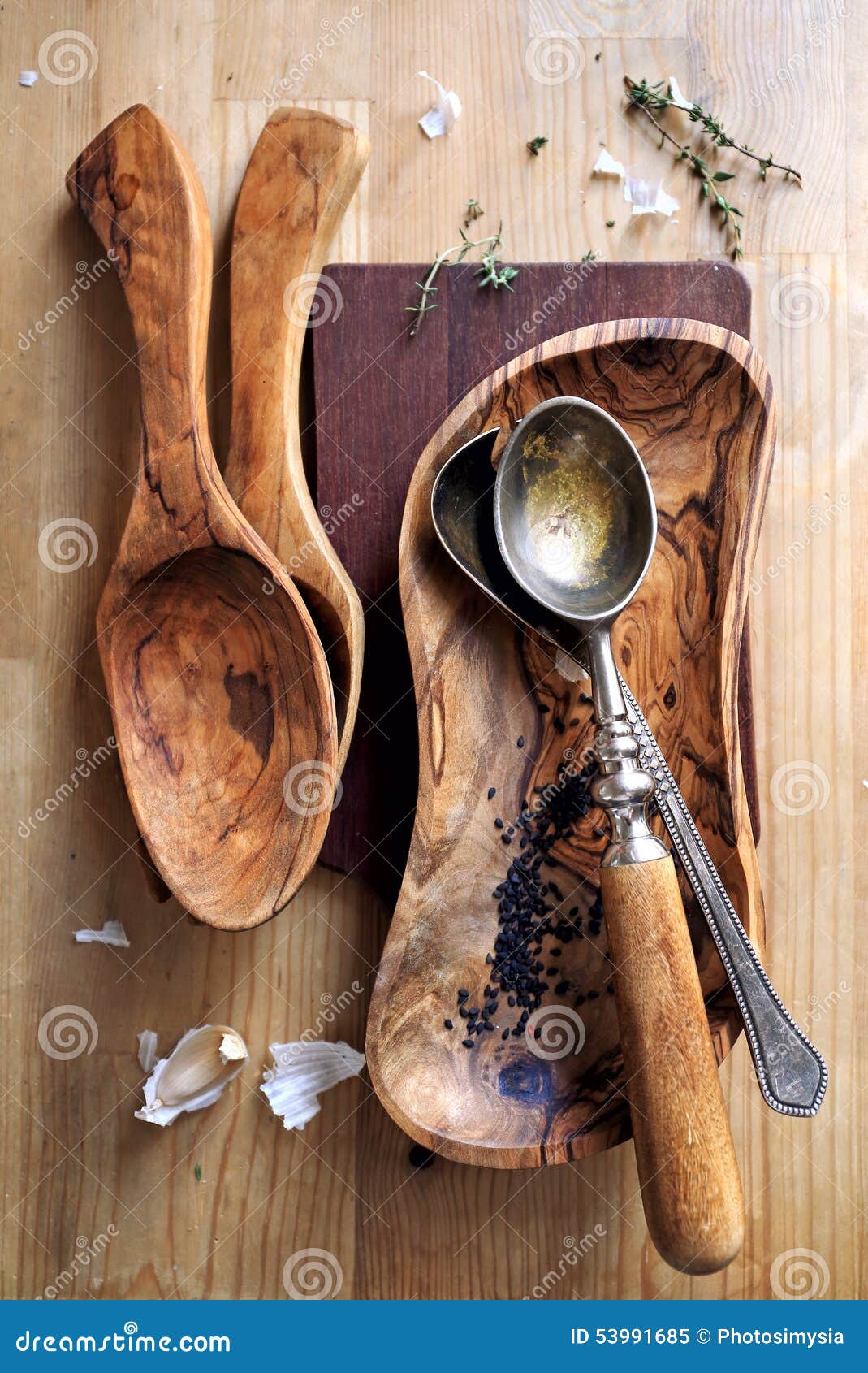Olive Wood Cooking Utensils Stock Image Image of thyme, cooking 53991685