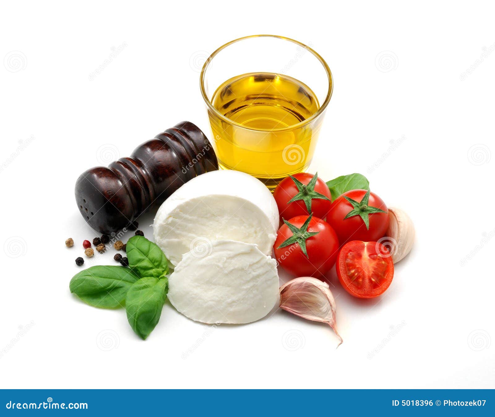 Olivenöl, Mozzarella, Tomaten, Basilikum Und Knoblauch Stockfoto - Bild ...