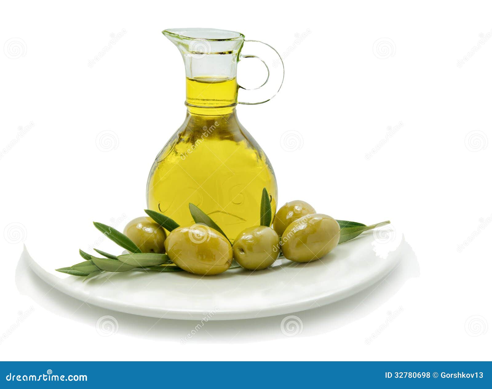 A Jar With Olive Oil And Some Green Olives Isolated Over A White