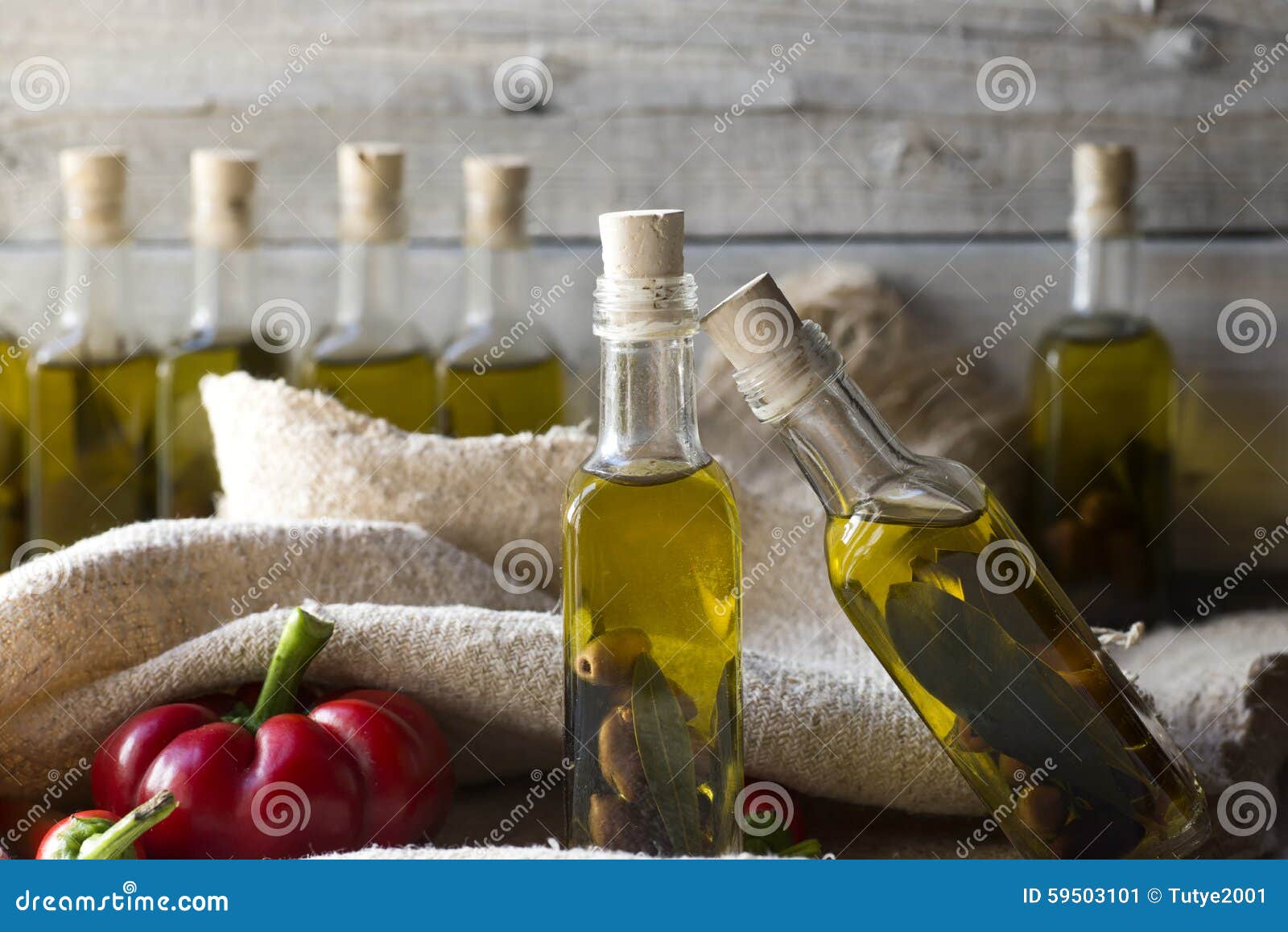 Olives and Olive Oil in Mini Bottle on Wood Stock Image Image of