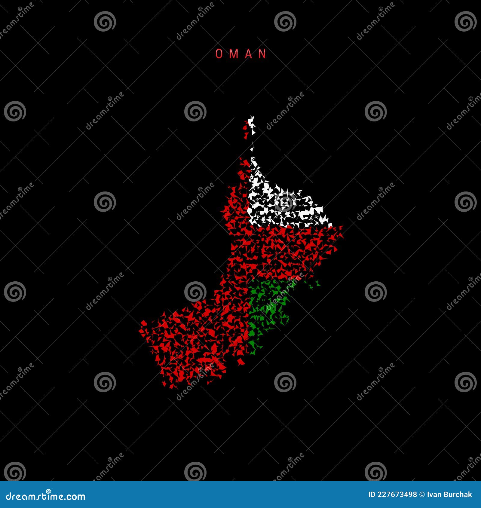 Oman Flag Map, Chaotic Particles Pattern in the Omani Flag Colors. Vector Illustration Stock 