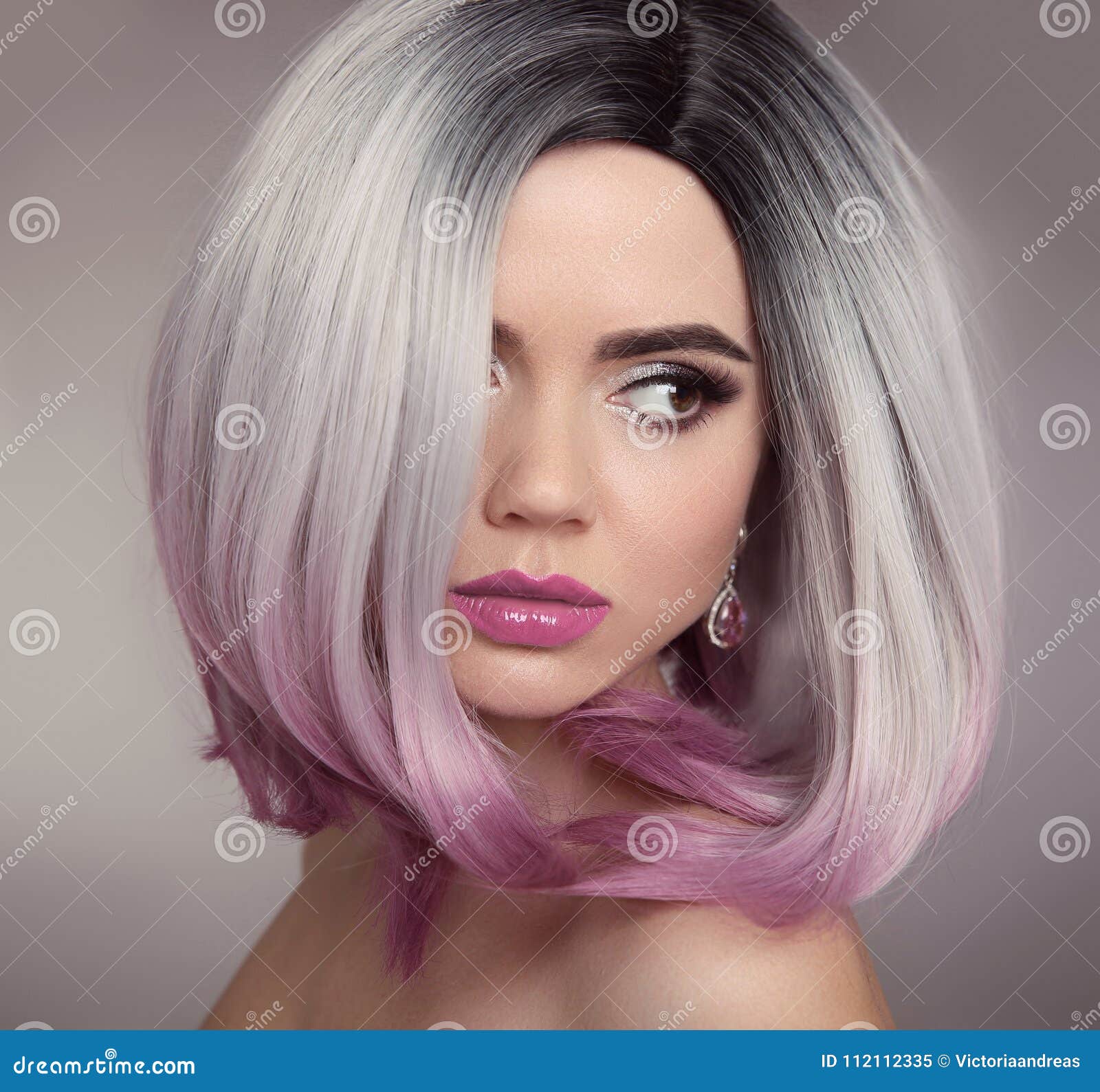 Ombre Bob Hairstyle Blonde Girl Portrait. Purple Makeup. Beautiful Hair  Coloring Woman. Fashion Trendy Haircut Stock Image - Image of face,  attractive: 112112335