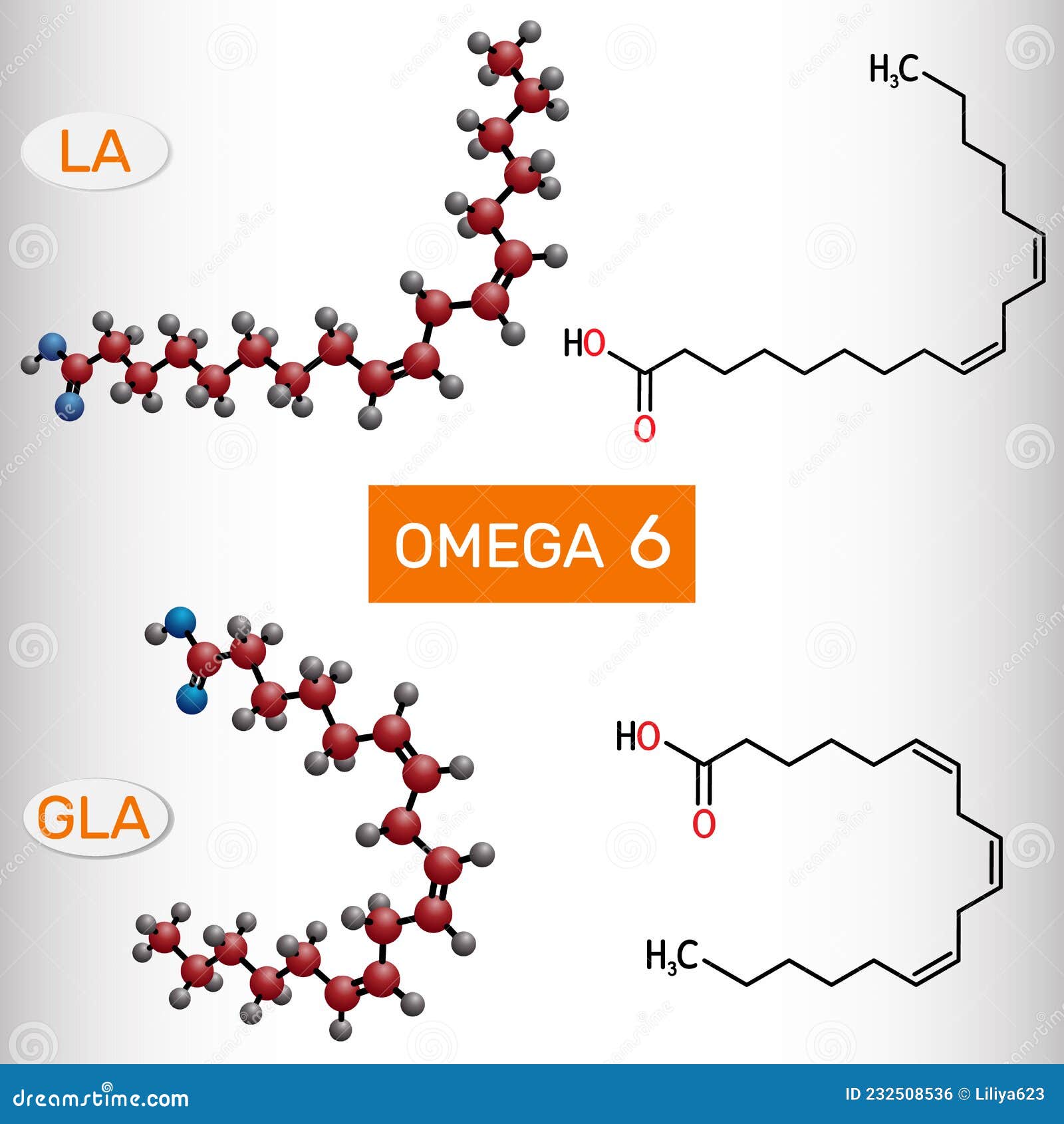 omega-6, polyunsaturated fatty acids. linoleic acid la, gamma-linolenic acid gla molecule. structural chemical formula and