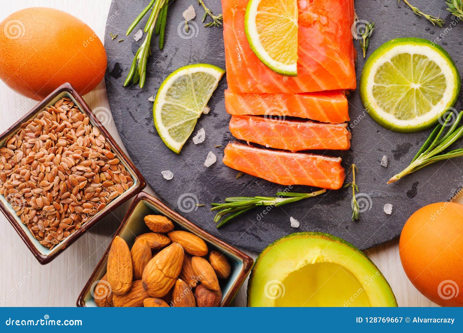 Omega 3 Sources Fish, Avocado, Nuts, Linen Seeds, Egg Stock Image