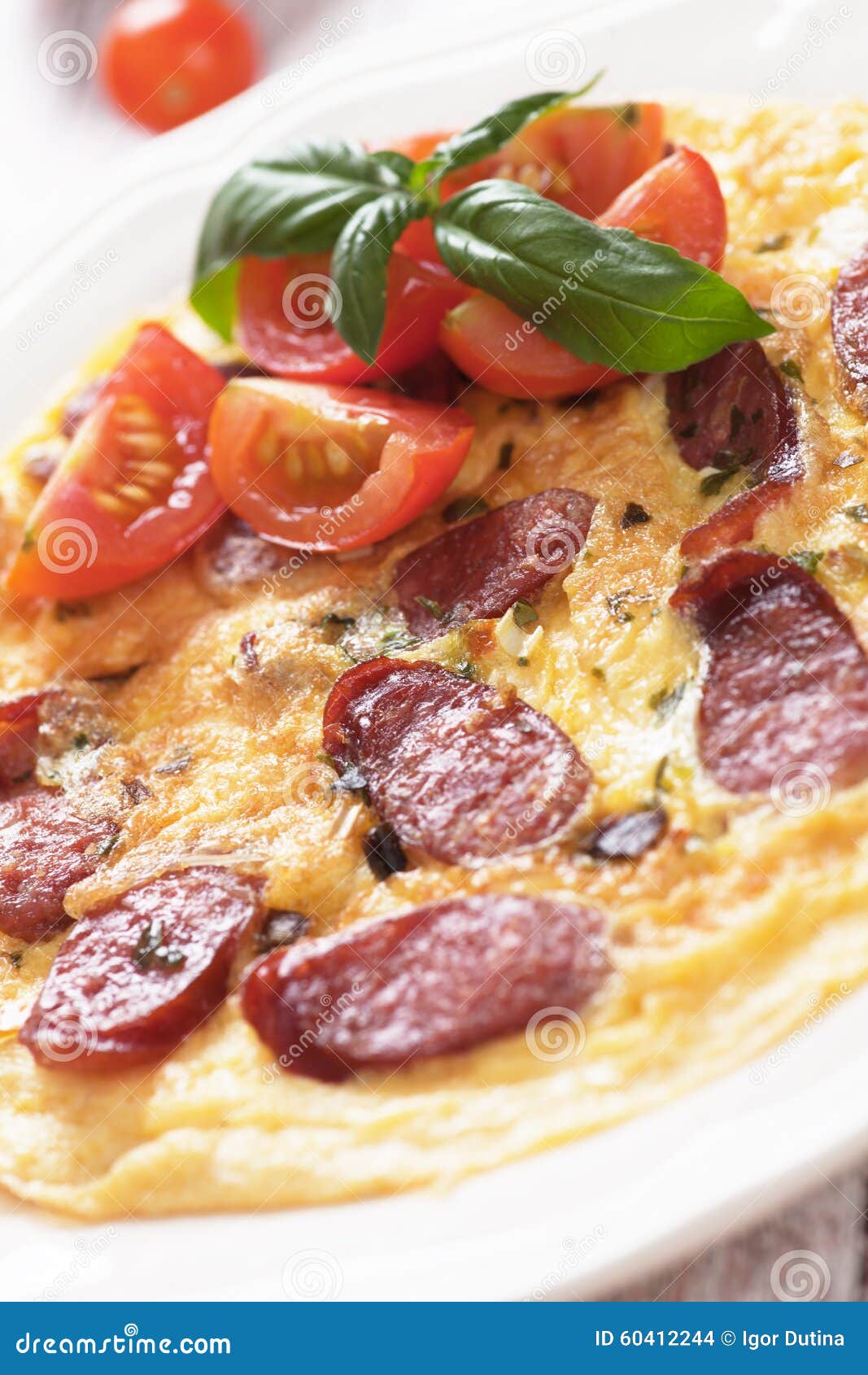 Omelet with Pepperoni Sausage and Cherry Tomato Stock Photo Image of