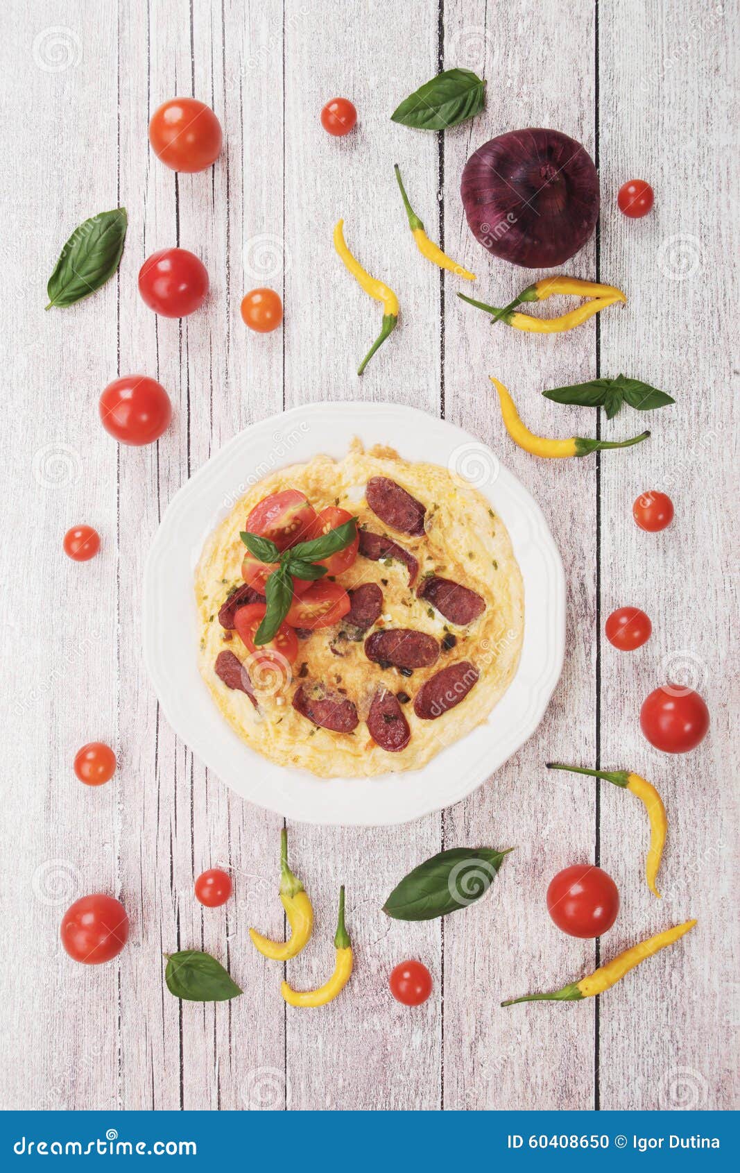 Omelet with Pepperoni Sausage and Cherry Tomato Stock Photo Image of