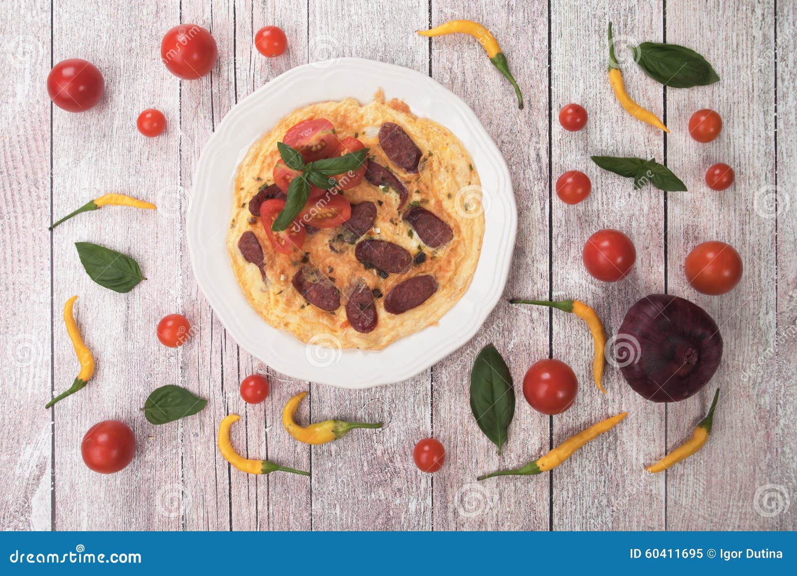 Omelet with Pepperoni Sausage and Cherry Tomato Stock Image Image of