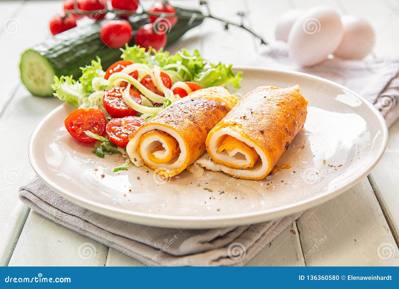 Omelet with Vegetable Salad. Egg Breakfasts Stock Photo - Image of