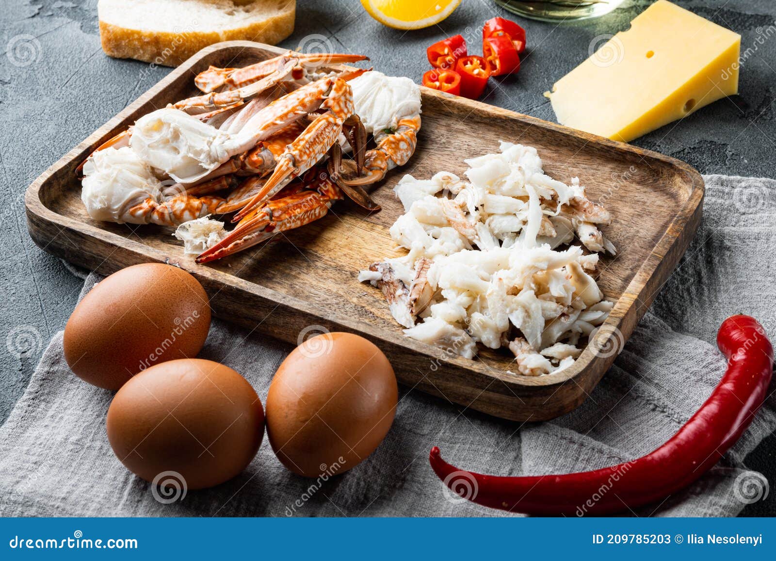 Omelette Ingredients with Pepper, Crab Meat, Egg, Cheese, on Gray