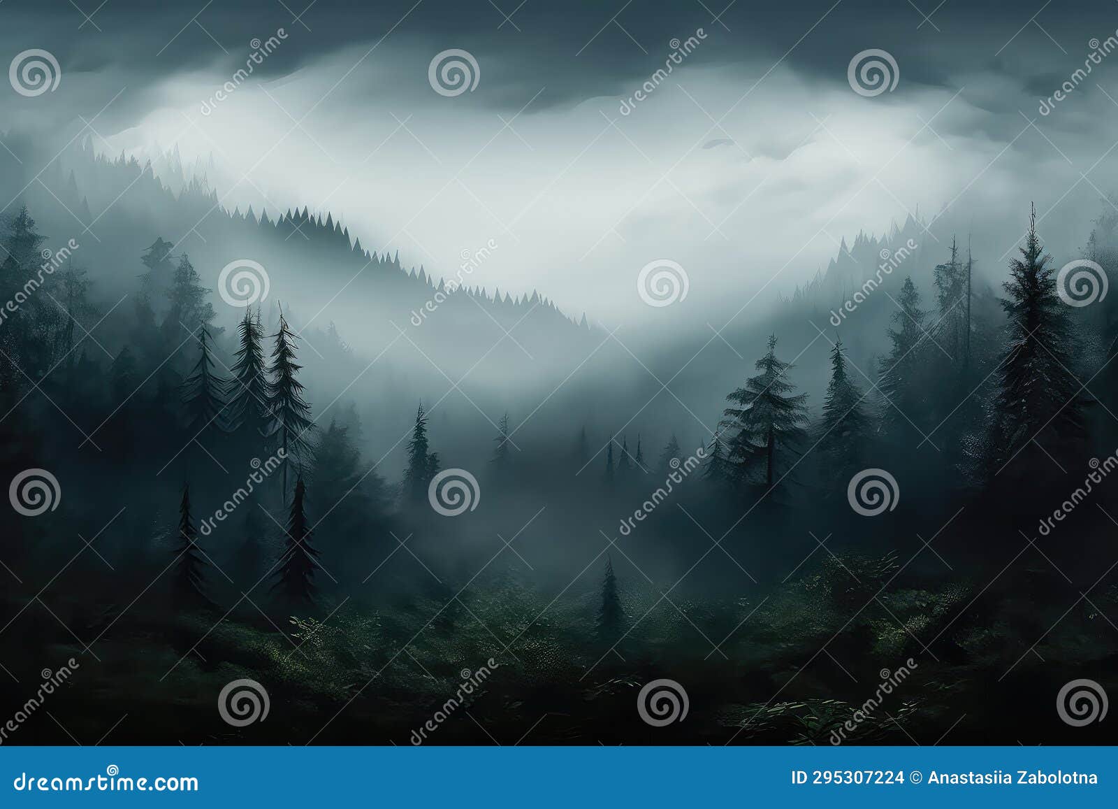 ominous mist blanketing the dense forest