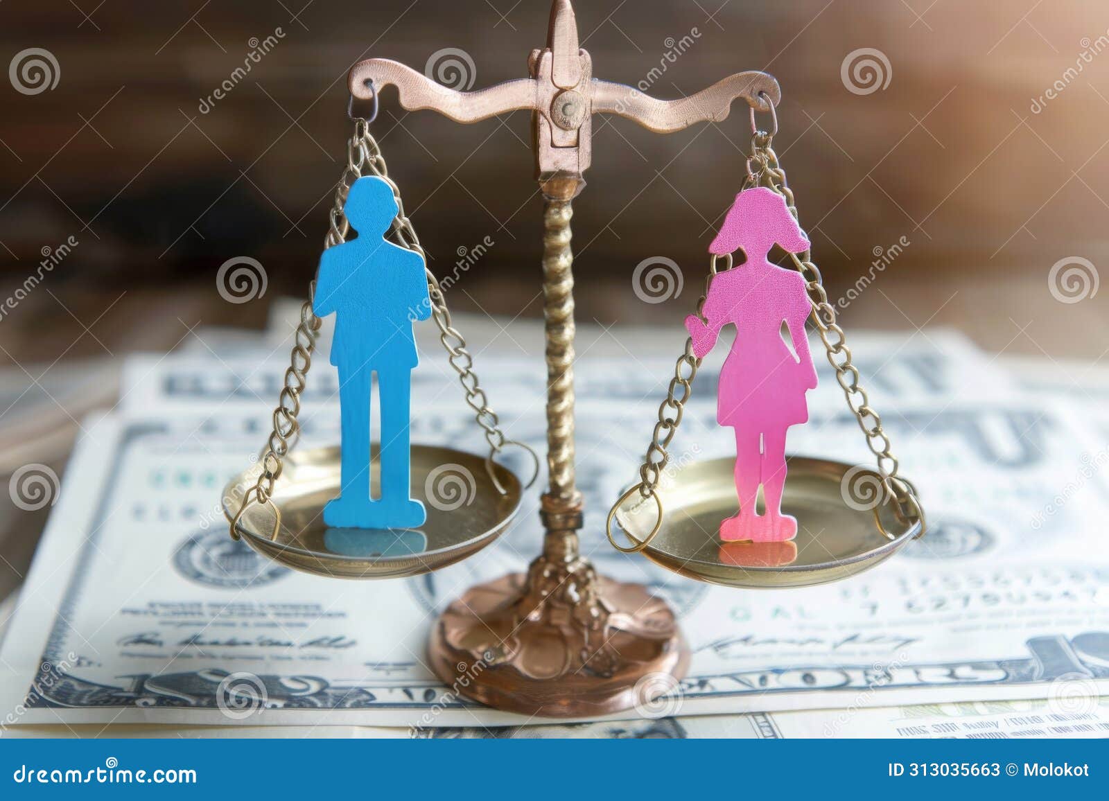 ?oncept of gender equality. scales with pink female figure and blue male figure. equivalence, equal rights, gender equality,