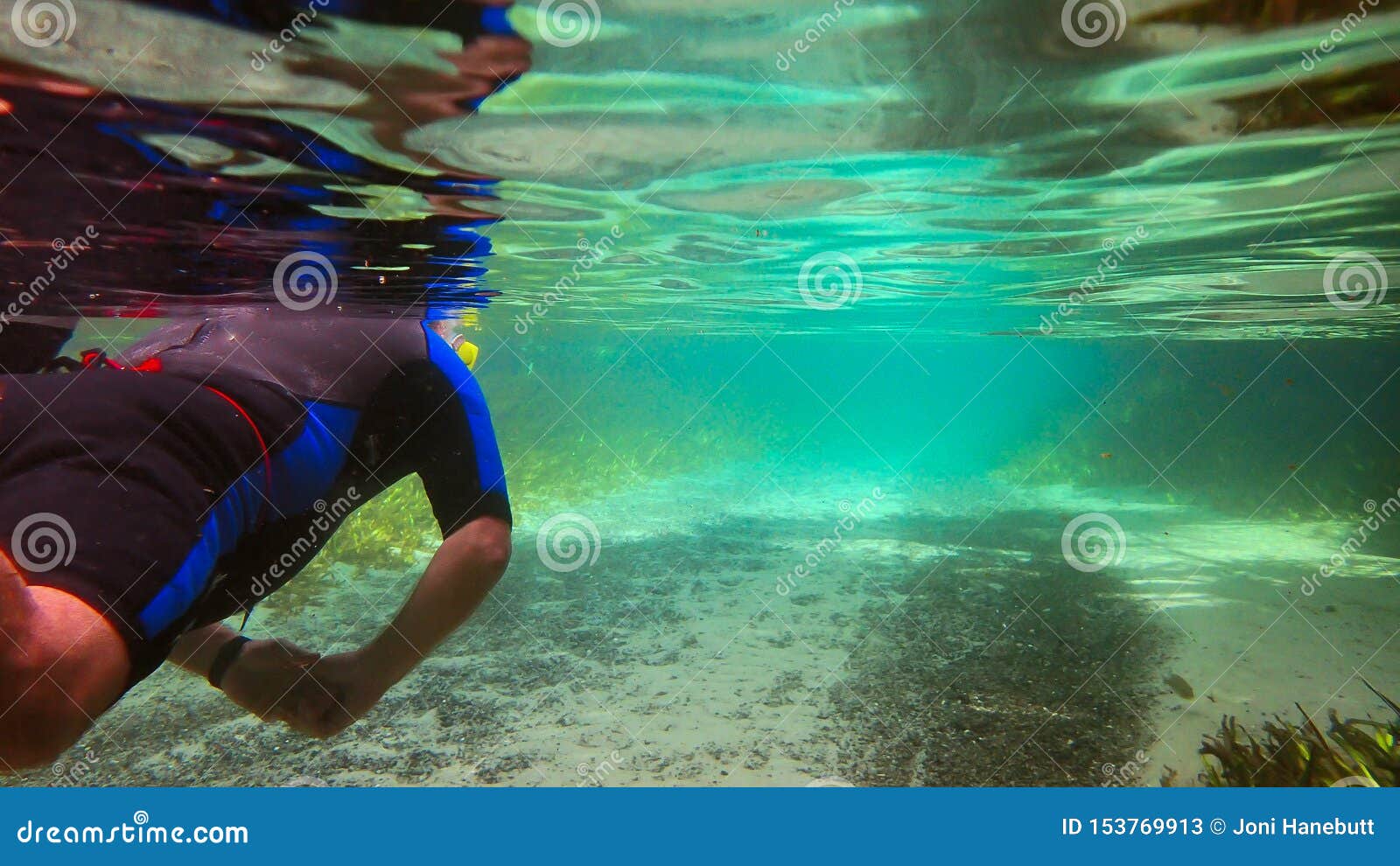 Onderwatermening van mens het snorkelen. Onderwatermening van een mens die in de zoetwaterlente van Florida snorkelen