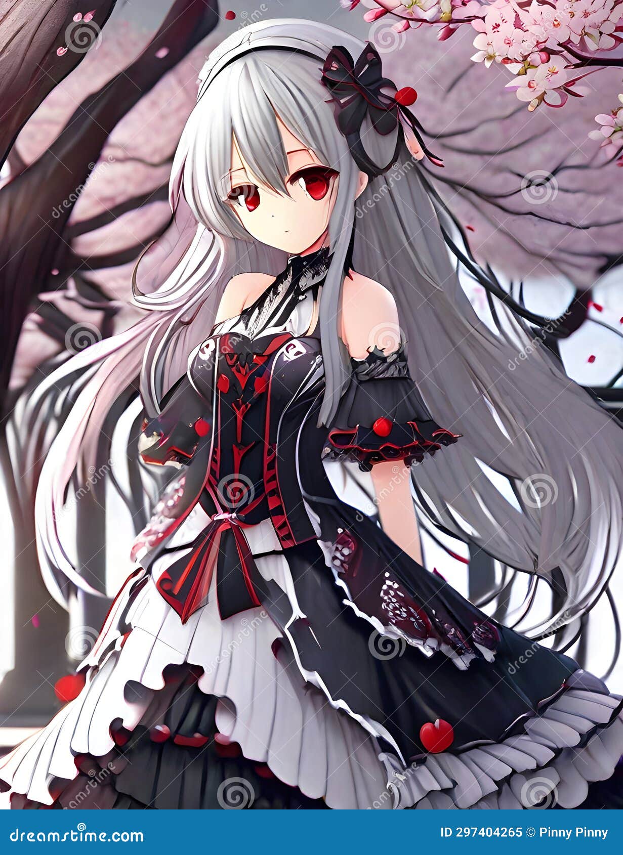 One Anime Girl with Cherry Blossoms, Long Silver Hair, Gothic Dress ...