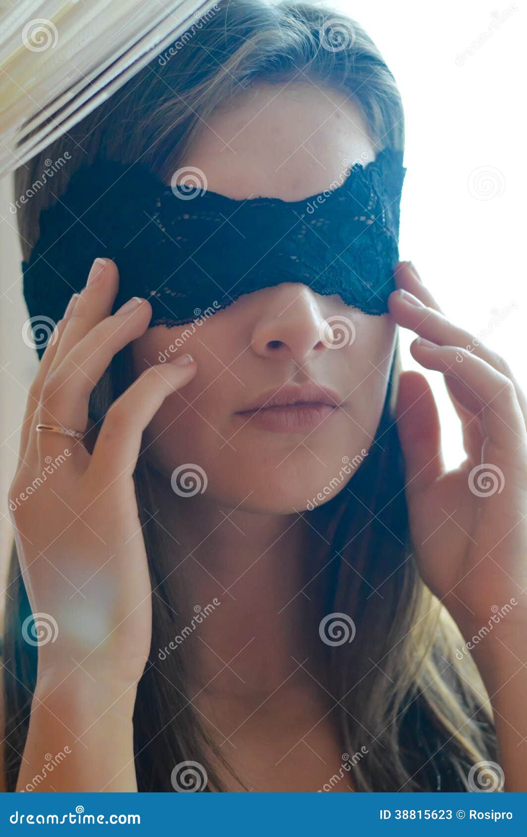 Beautiful Blindfolded Girl On Black Stock Photo 1110290966