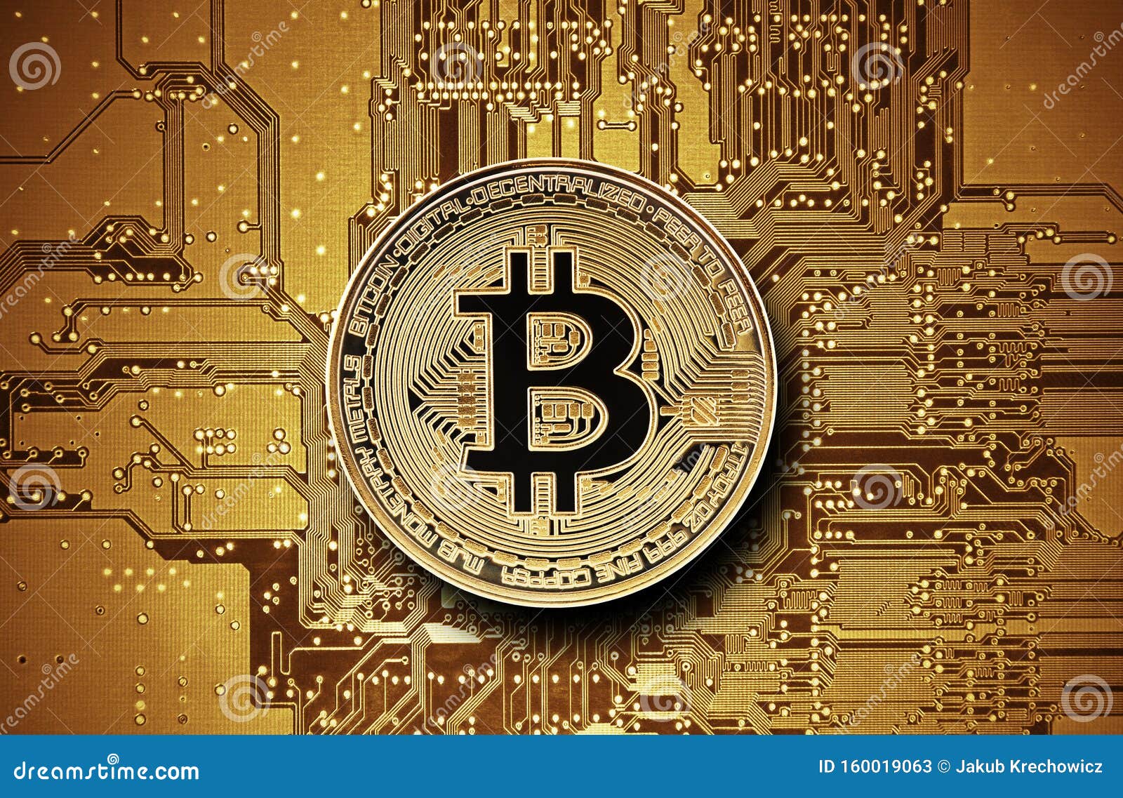 bitcoin golden coin on computer circuit board