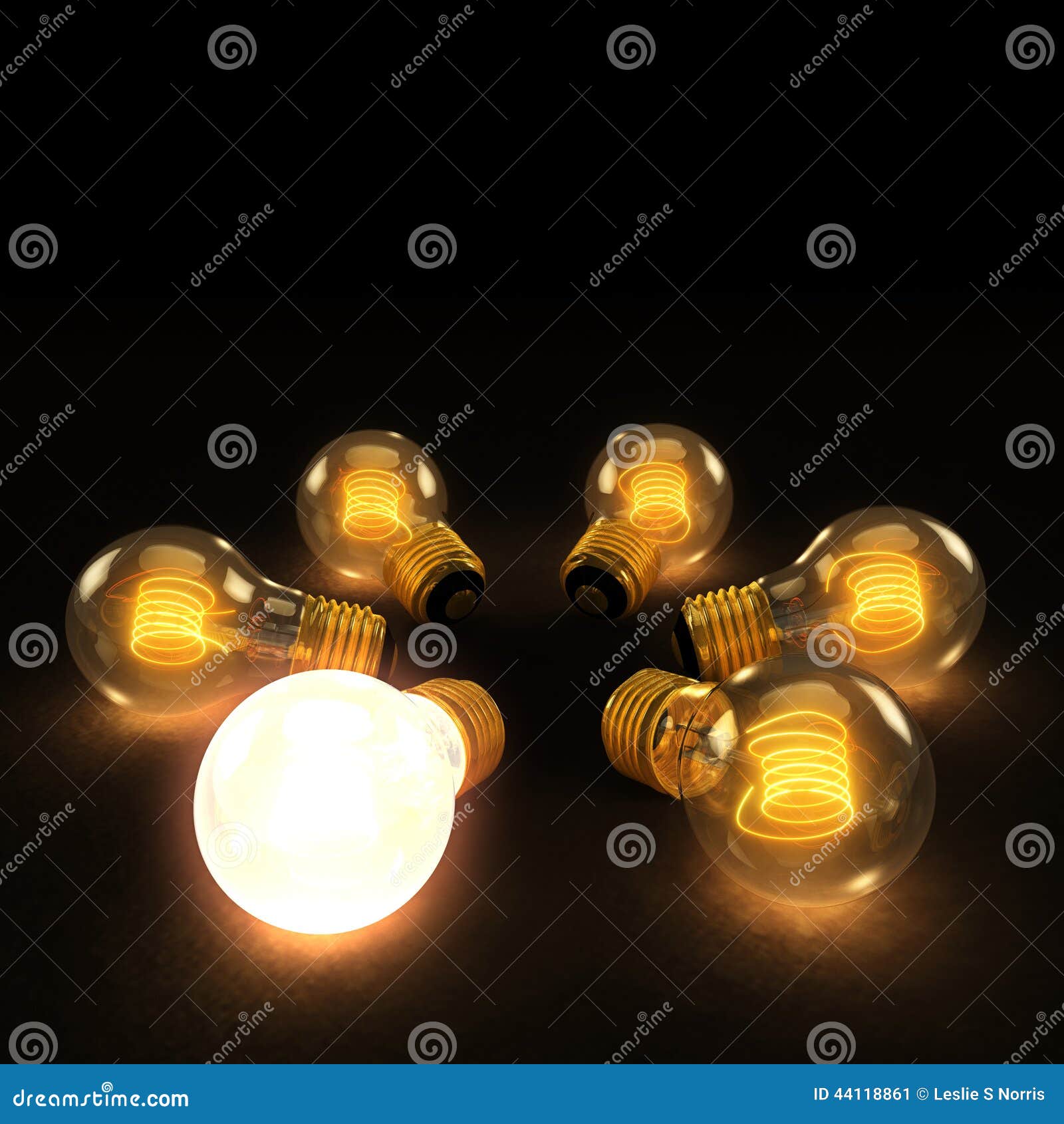 one bright bulb among six incandescent lightbulbs in a circle o