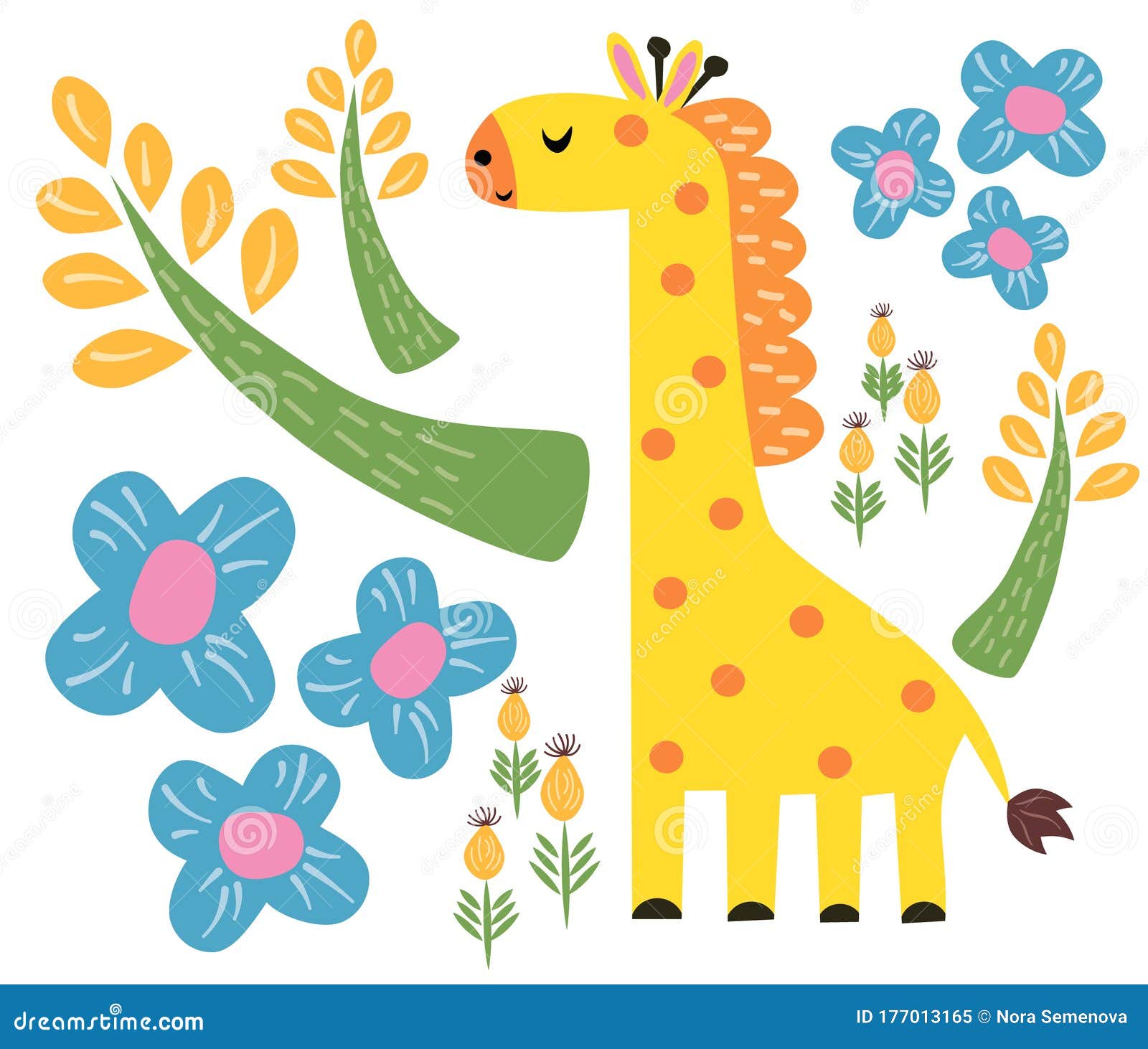 One Bright Safari Cartoon Giraffe with Flowers on a White Background. Stock  Illustration - Illustration of design, summer: 177013165