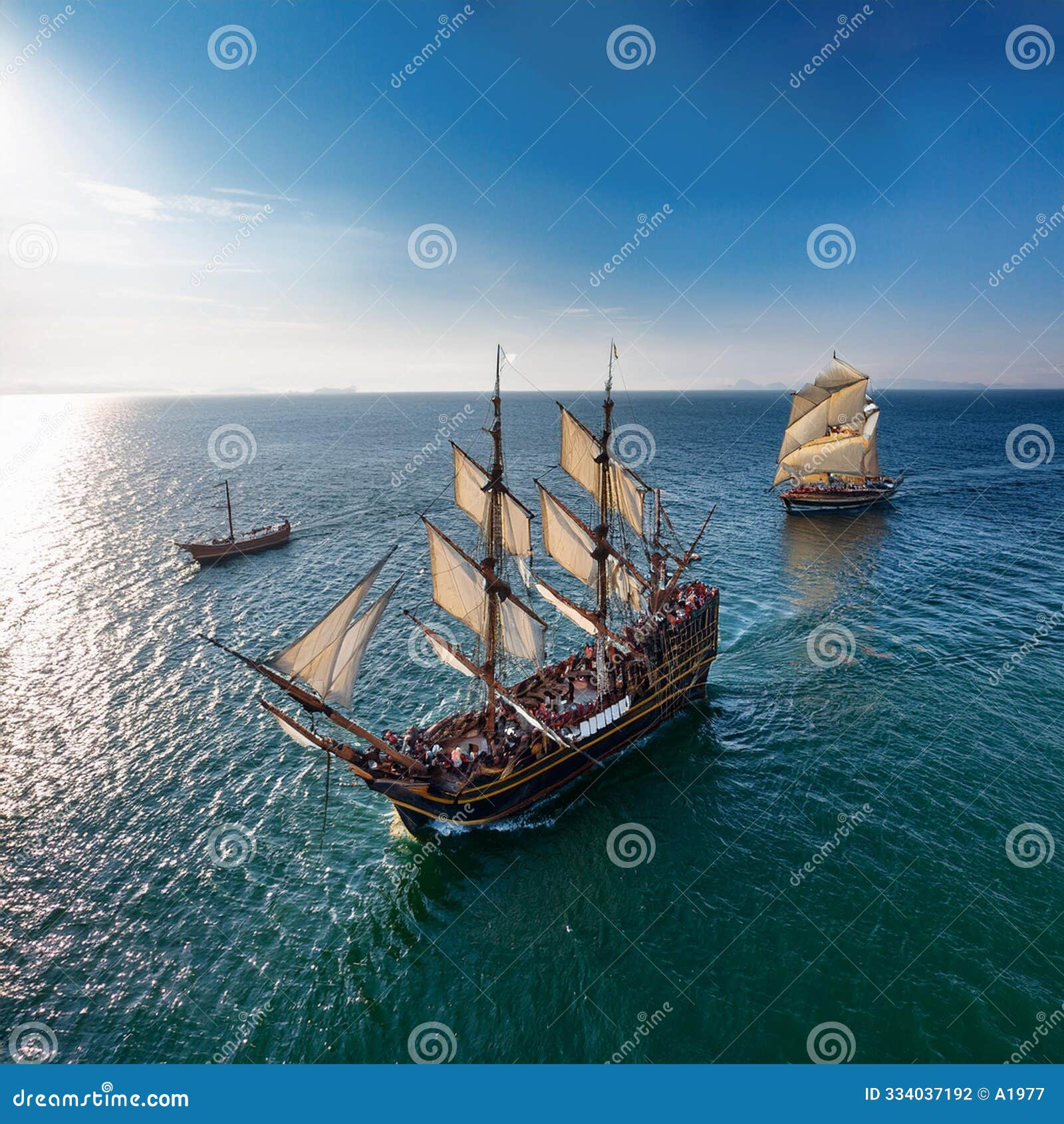 one carrack and two caravels on atlantic sea ai generated image