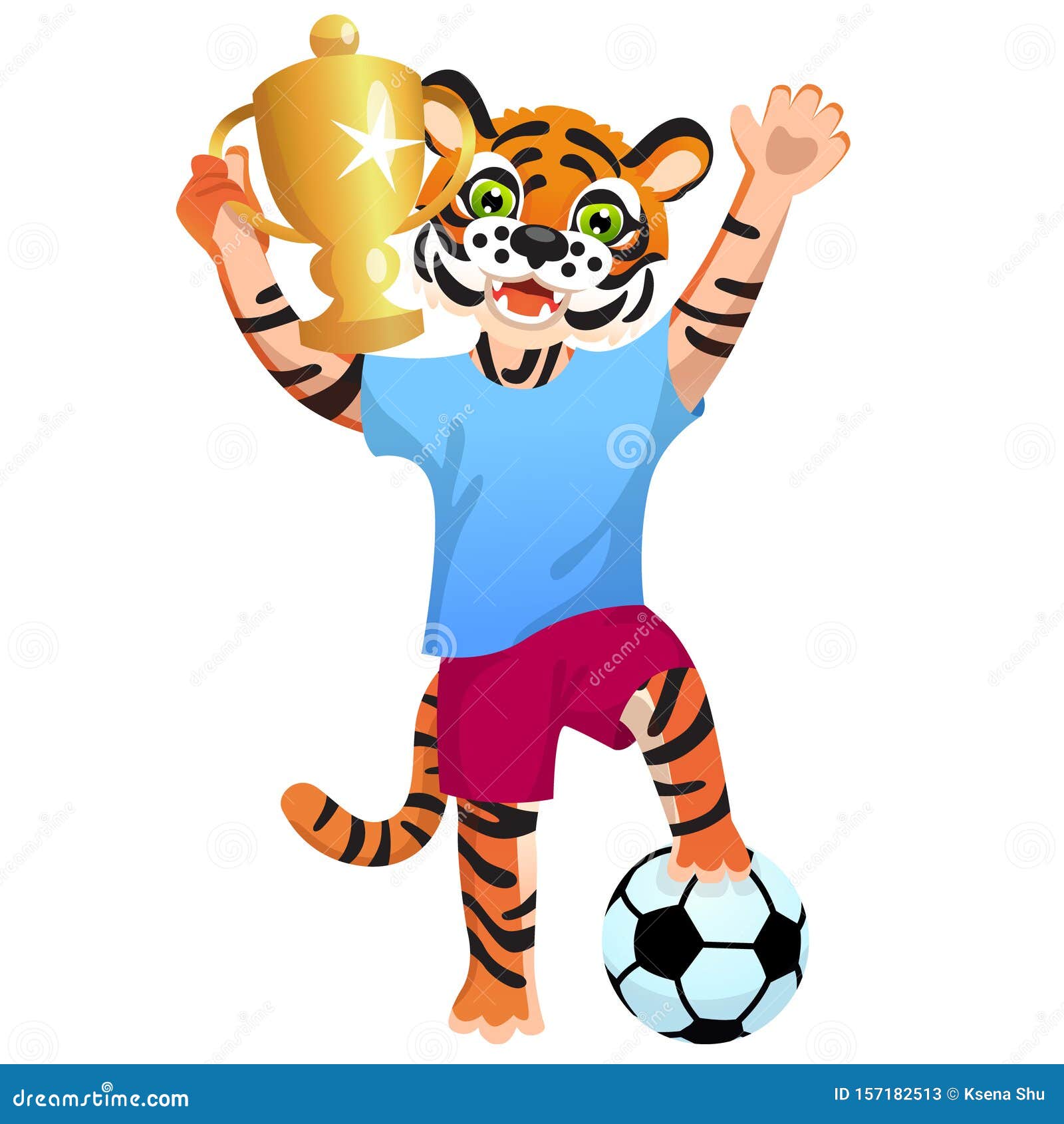 A Tiger in Uniform Standing on the Ball and Cheering with Goblet Stock ...