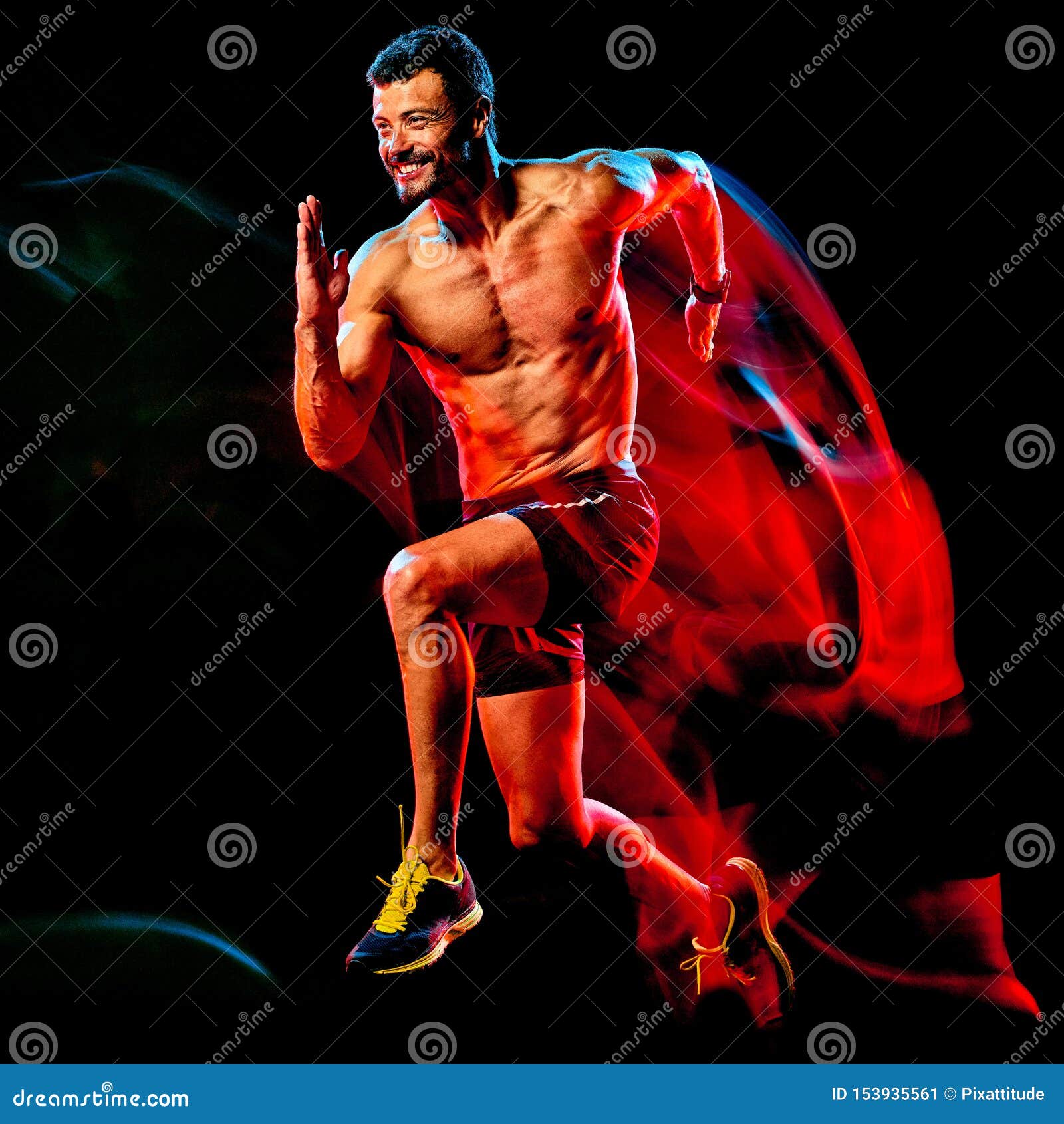 Topless Muscular Man Runner. Running Jogger Jogging Isolated Black Background Stock Image