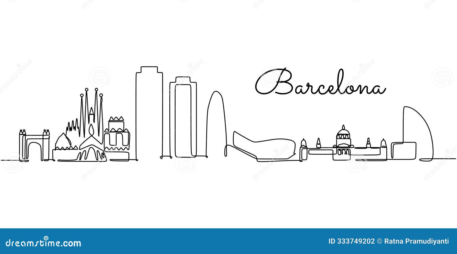 one continuous line drawing of barcelona skyline . modern city in europe in simple style