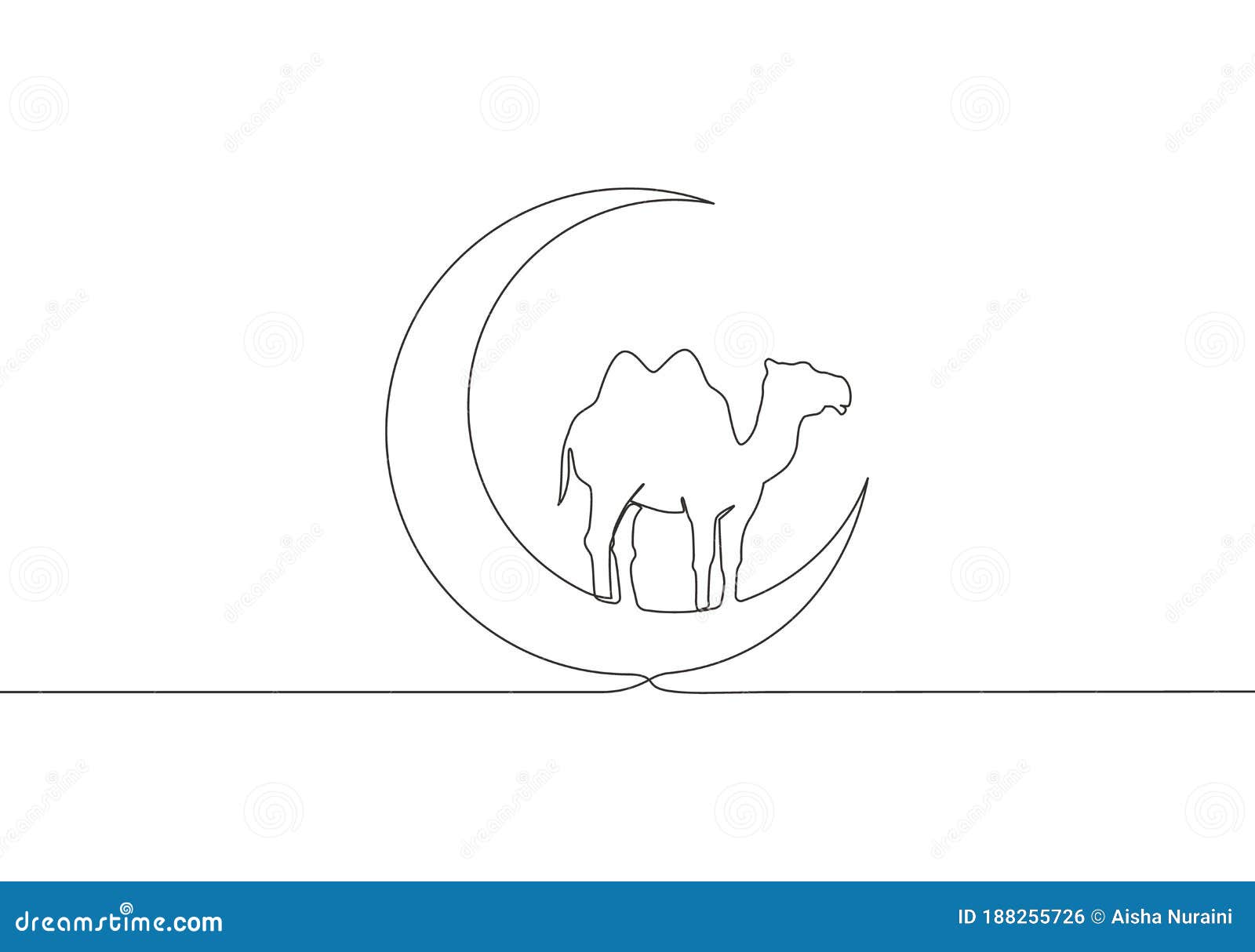 one continuous line drawing of camel animal standing on moon . muslim holiday the sacrifice a camel, eid al adha greeting card