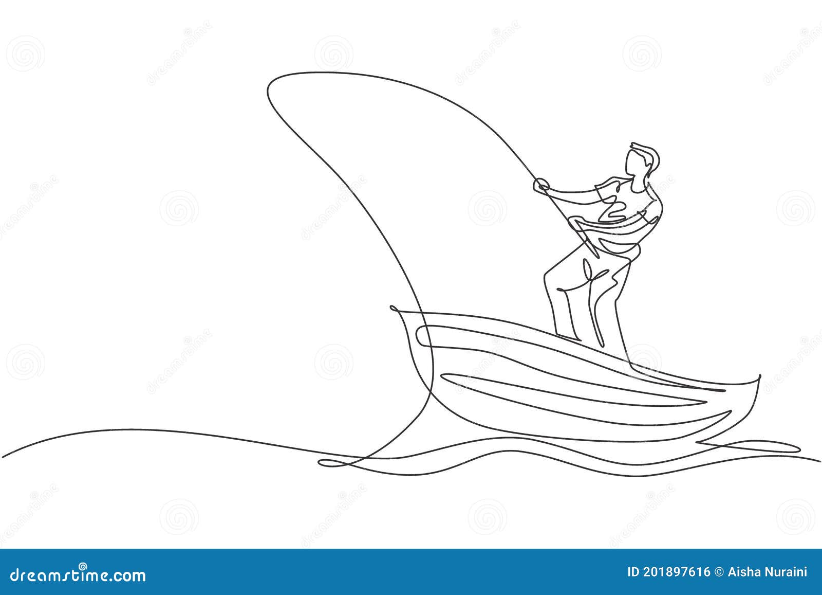 One Continuous Line Drawing Of Young Fisherman Happy Standing And