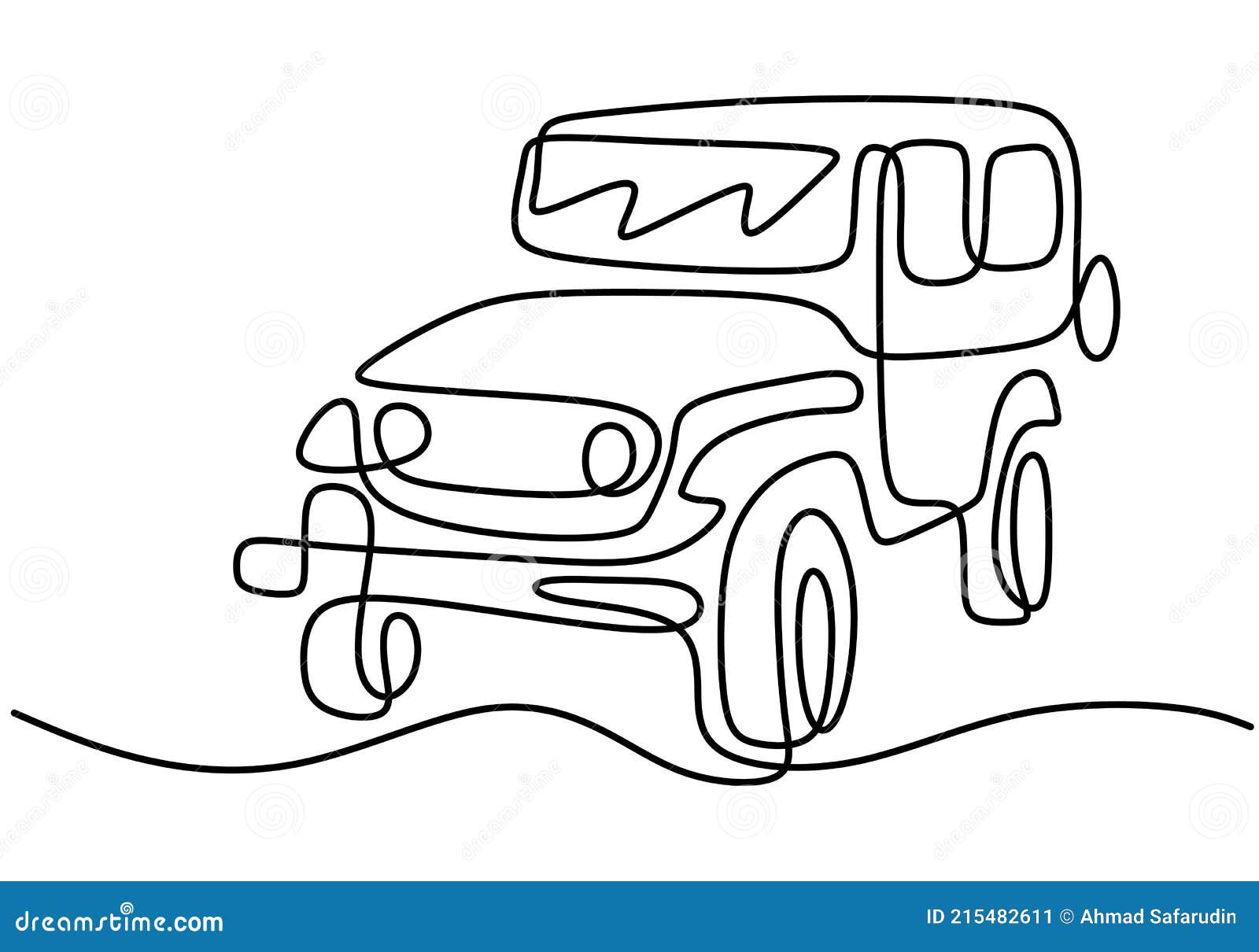 Single line drawing of tough 4x4 speed jeep wrangler car. Adventure offroad  rally vehicle transportation concept. One continuous line draw design Stock  Vector