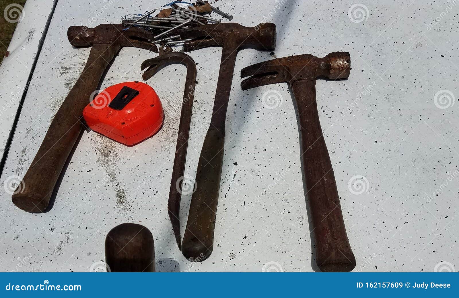 One Crow Bar Three Hammers Handful of Nails Stock Image Image of