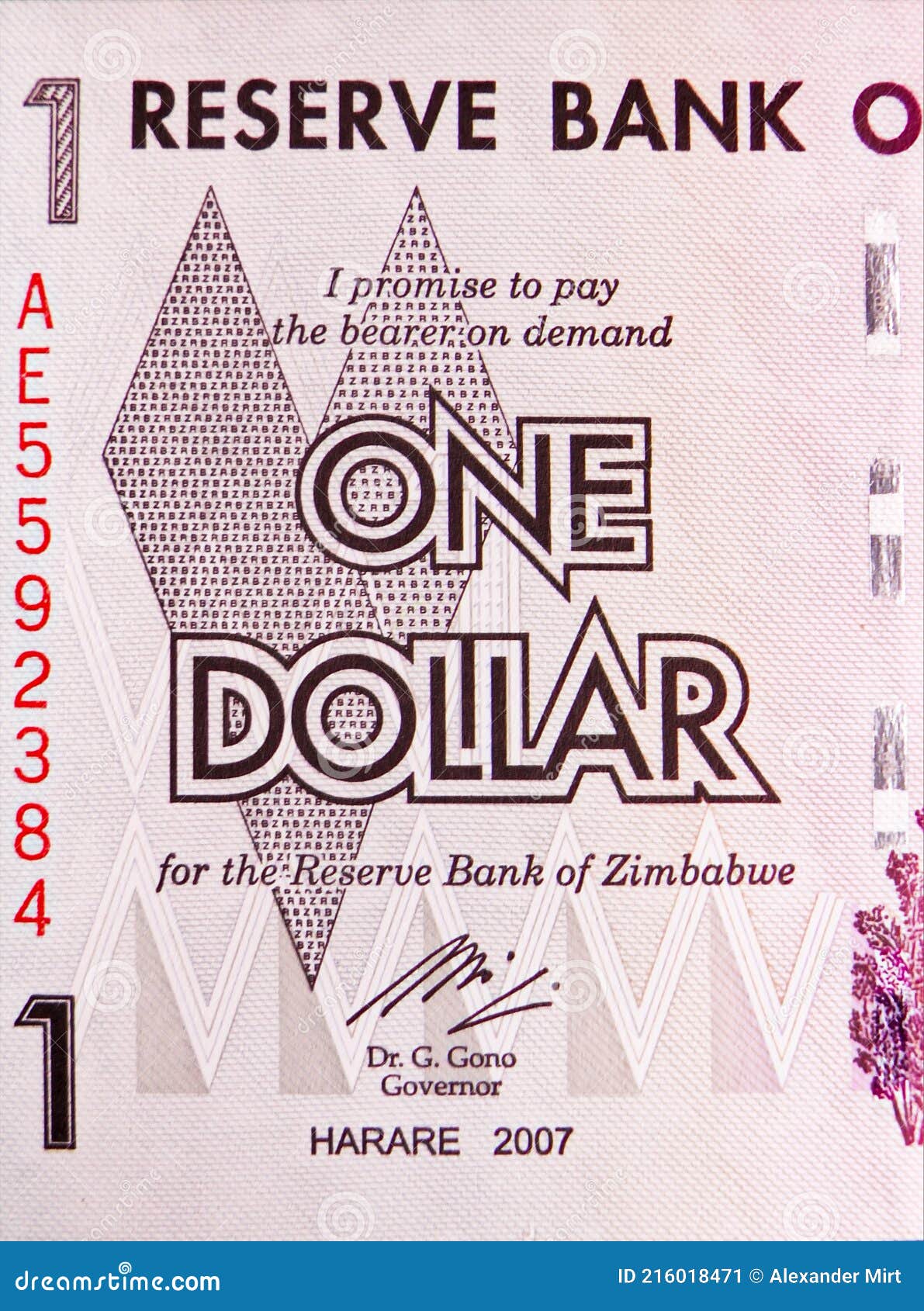 one dollar banknote. bank of zimbabwe. national currency. fragment: face value