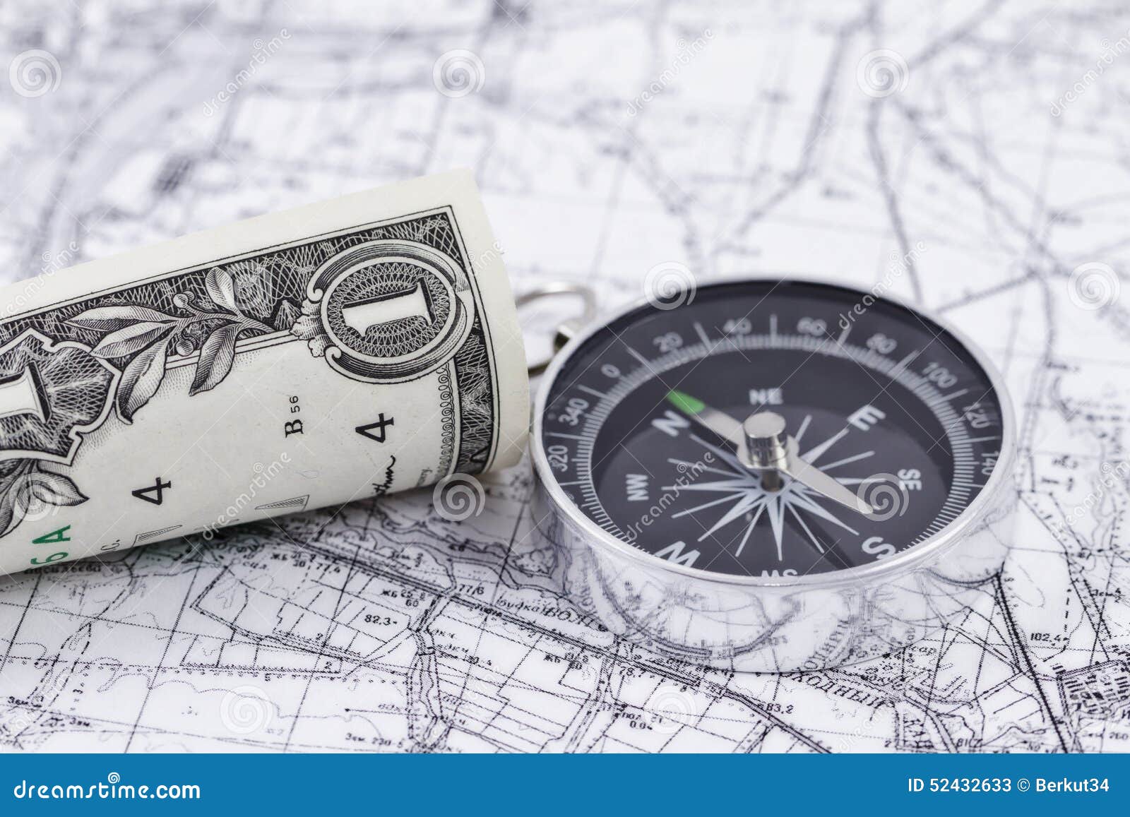 Onedollar Bill, Compass and Map Stock Image Image of exchange, commercial 52432633