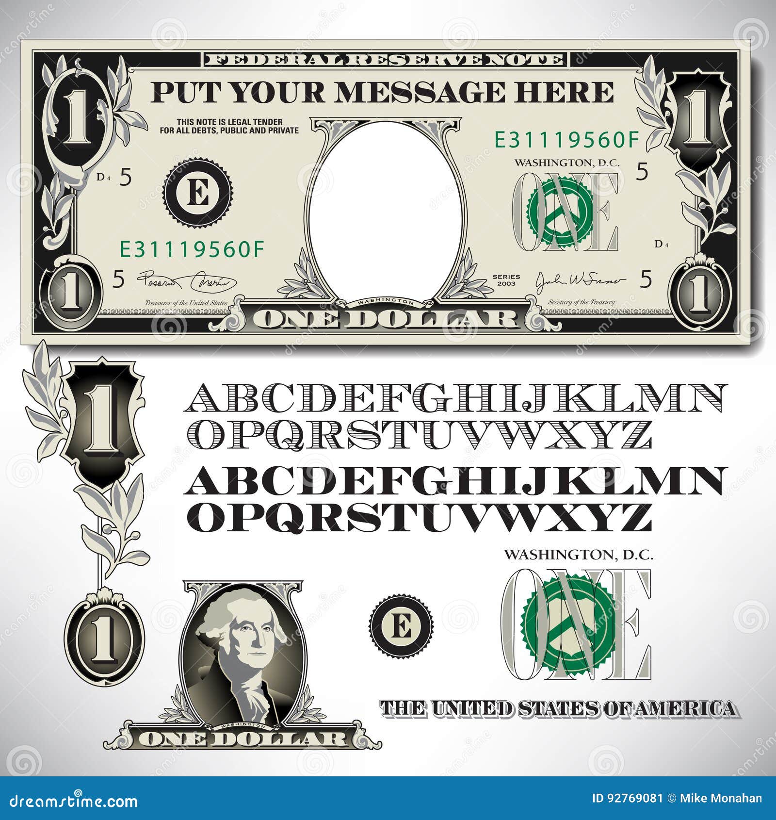 one dollar bill parts with an alphabet