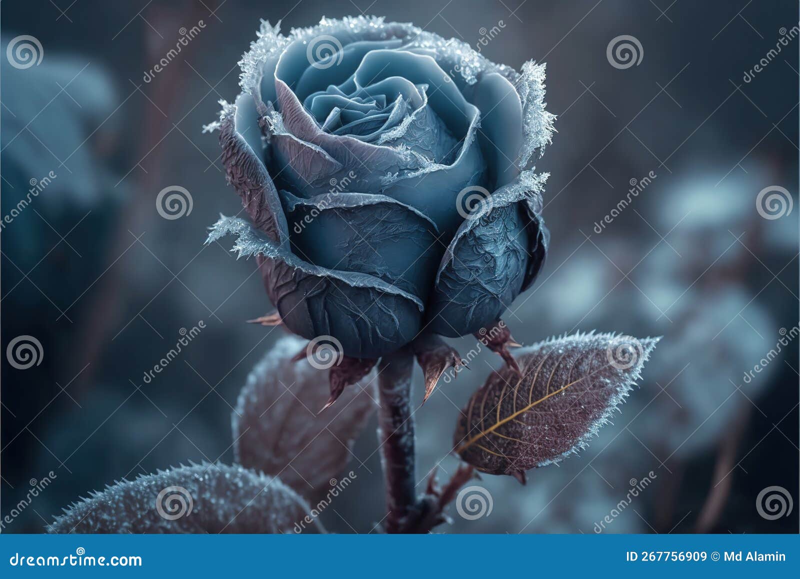 one frozen blue rose hidden in bush with ice crystals by ai generated