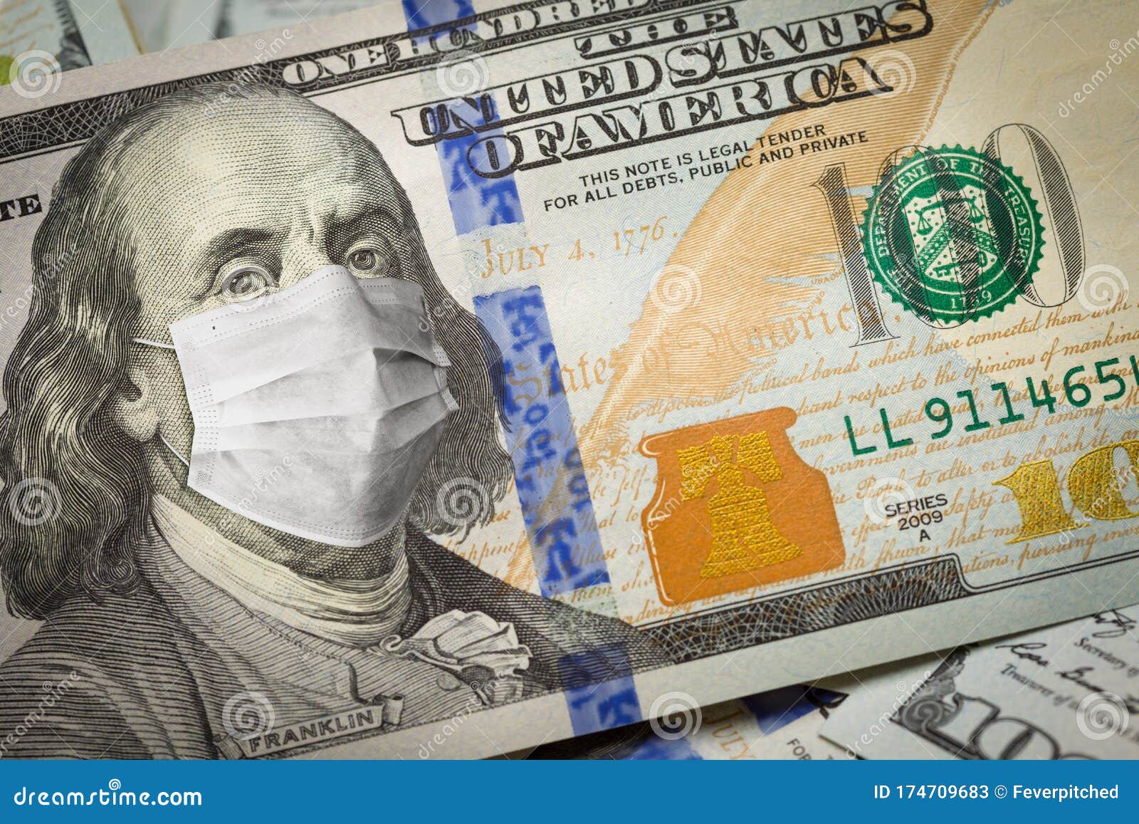 one hundred dollar bill with medical face mask on benjamin franklin