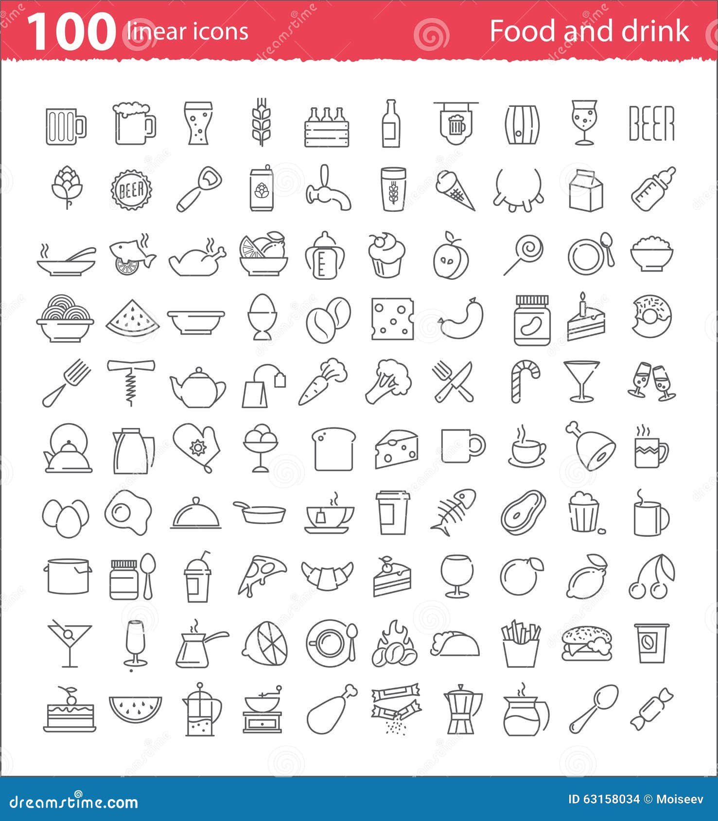 one hundred thin line food and drink icons